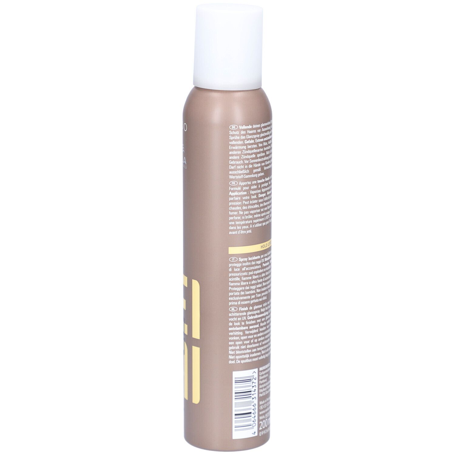 Haarspraybus, bruin met witte dop. Achterkant met tekst. Volume-aanduiding: 200 ml.