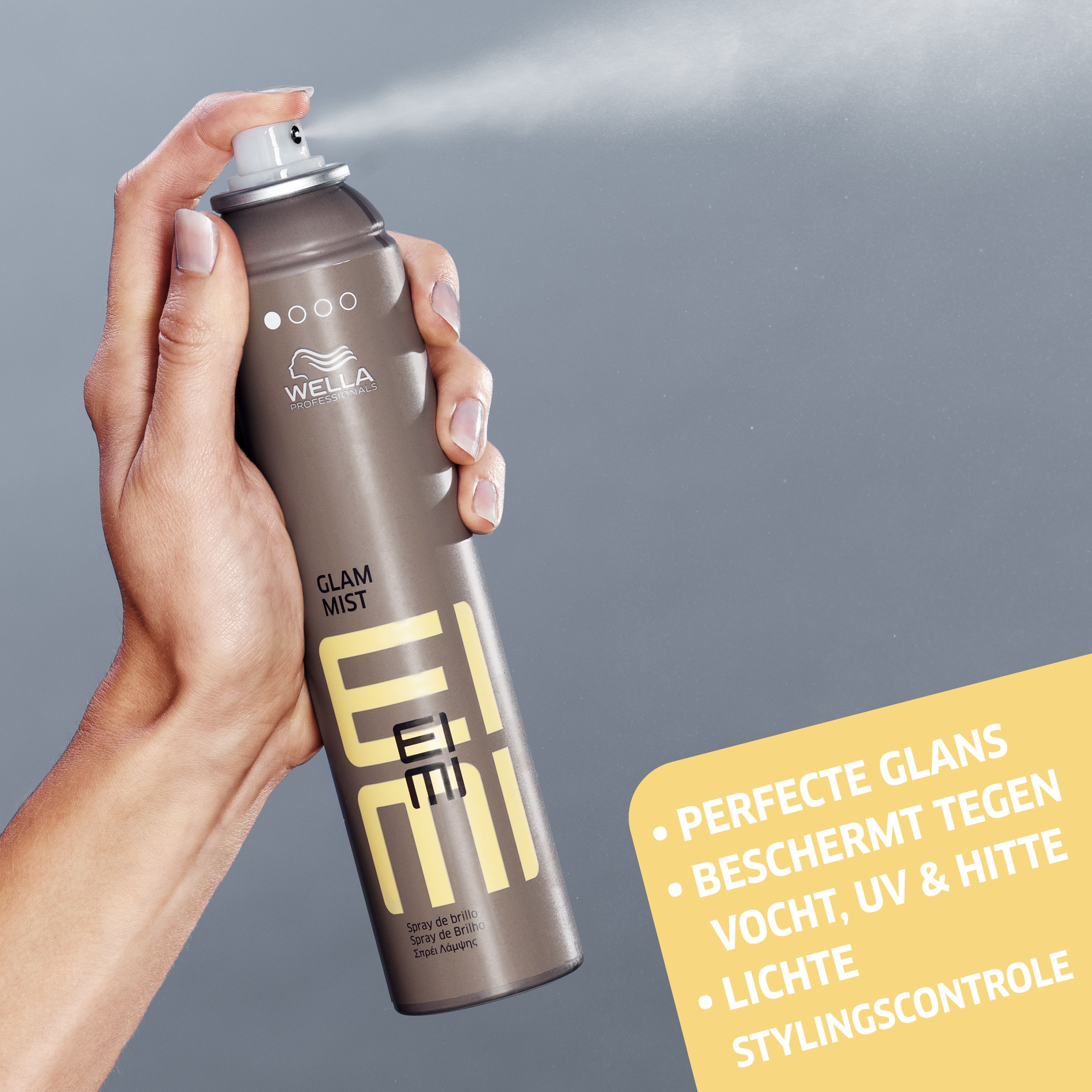 Hand spuit haarspray. Bus met witte dop. Opschrift: EIMI Glam Mist. Gele tekstvakken.