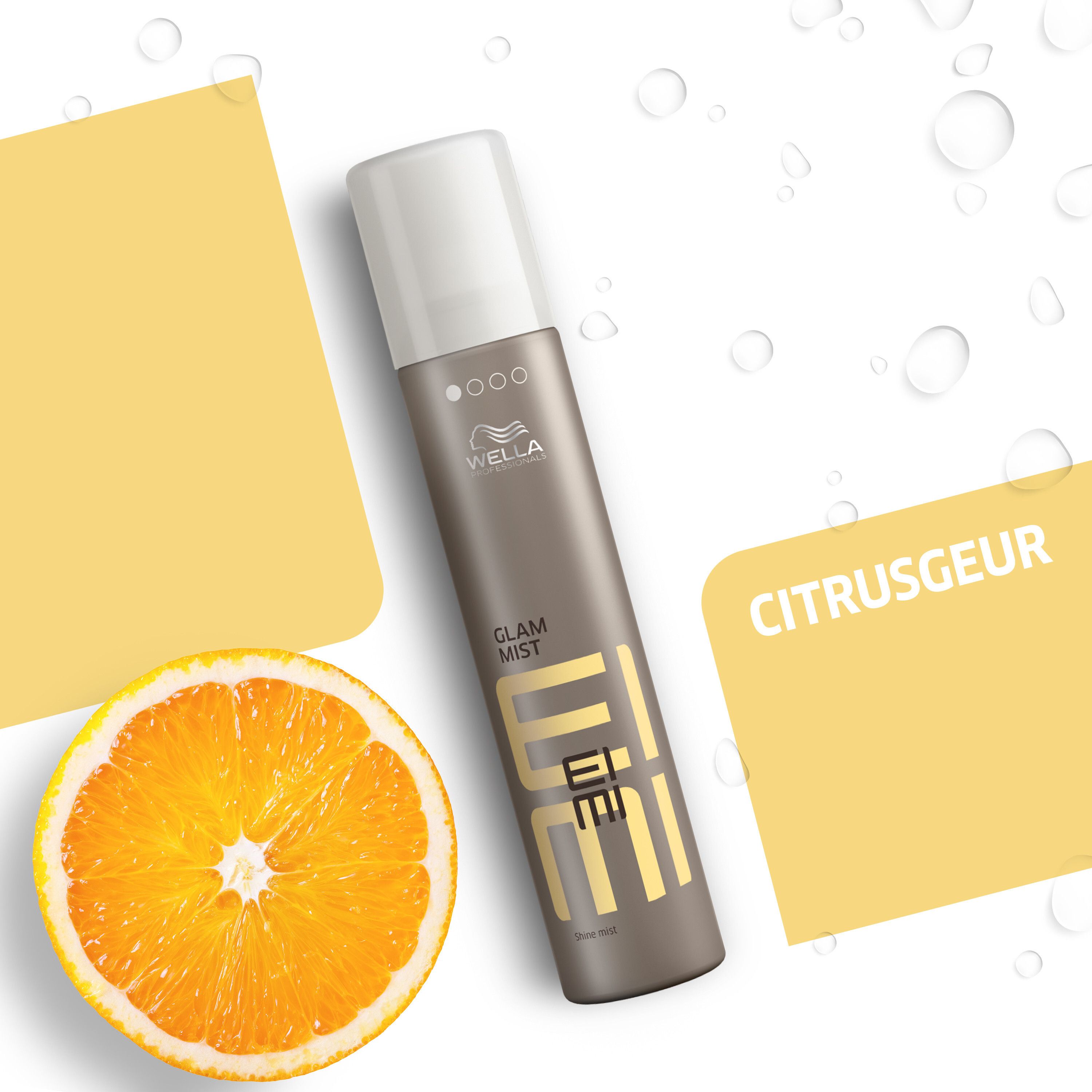 Haarspraybus met witte dop. Opschrift: EIMI Glam Mist. Citroen en gele tekstvakken.