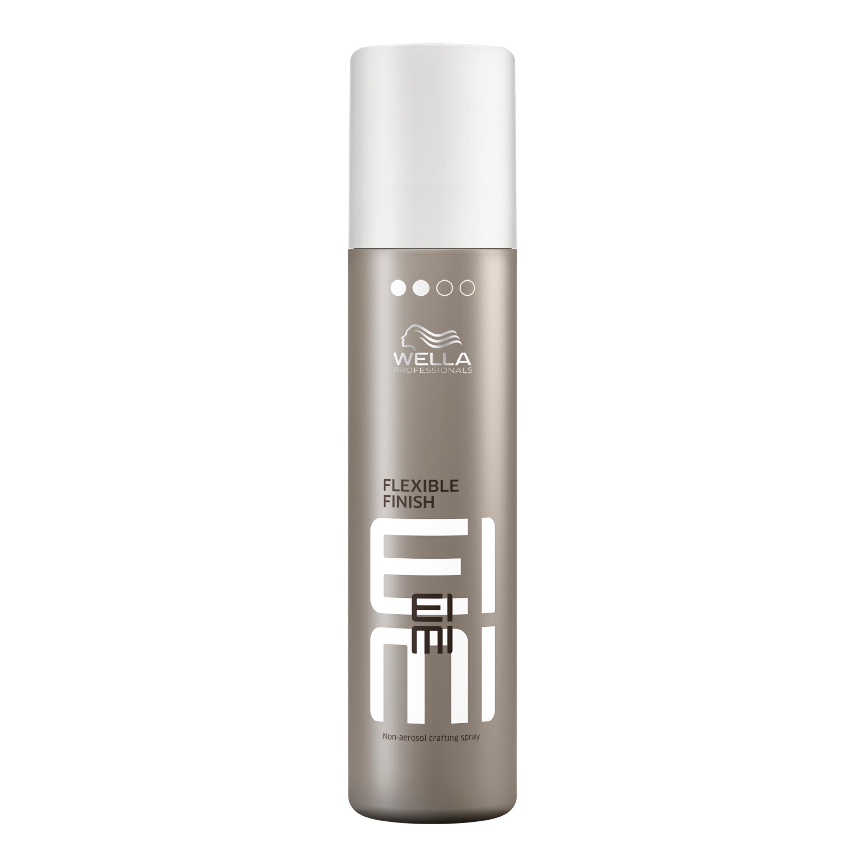 Flacon cylindrique avec bouchon blanc. Inscription : EIMI Flexible Finish. Marque : Wella.