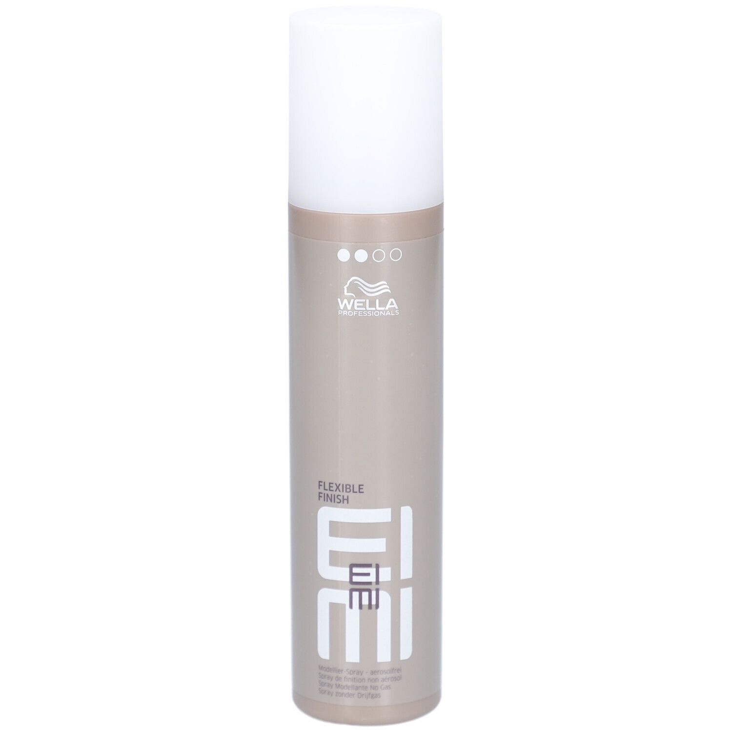 Cilindrische fles met witte dop. Opschrift: EIMI Flexible Finish. Merk: Wella.