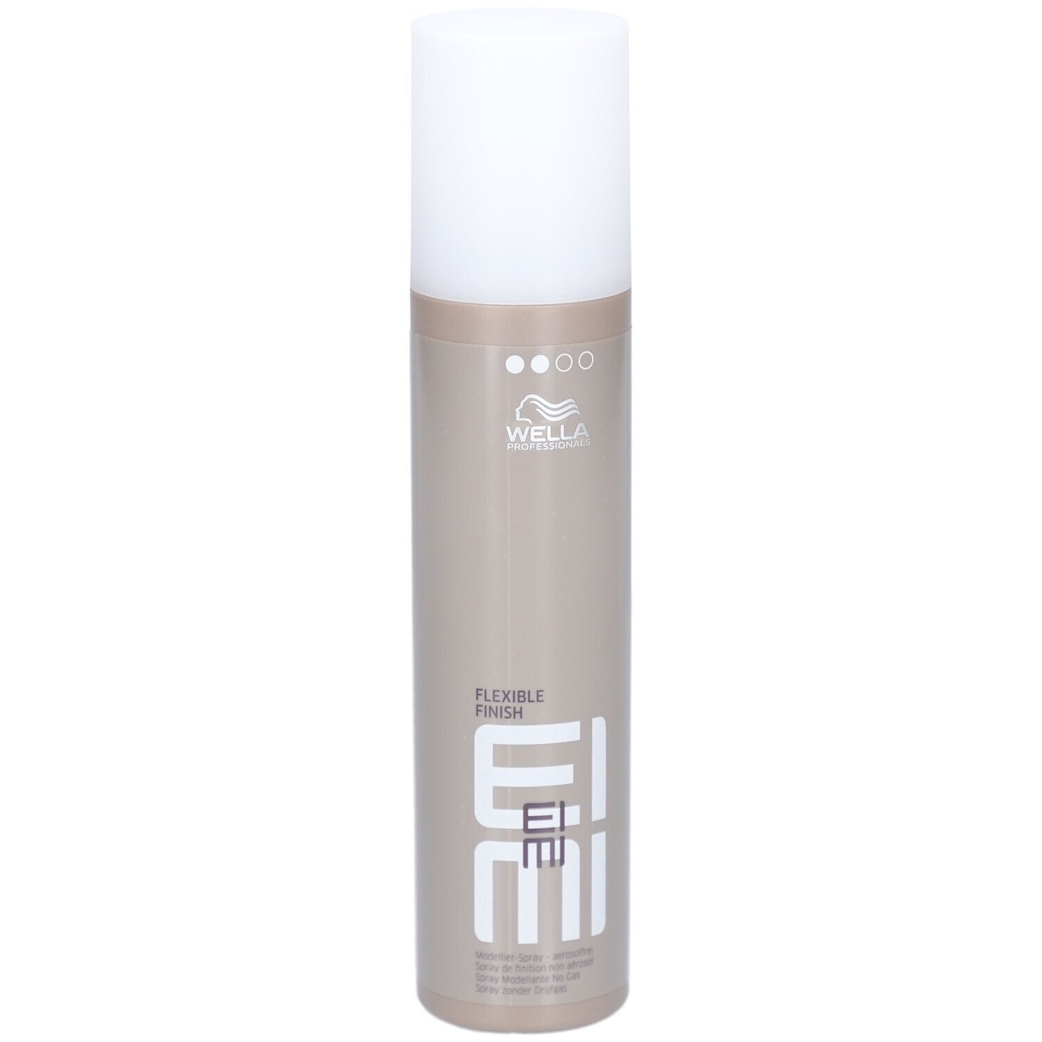 Cilindrische fles met witte dop. Opschrift: EIMI Flexible Finish. Merk: Wella.