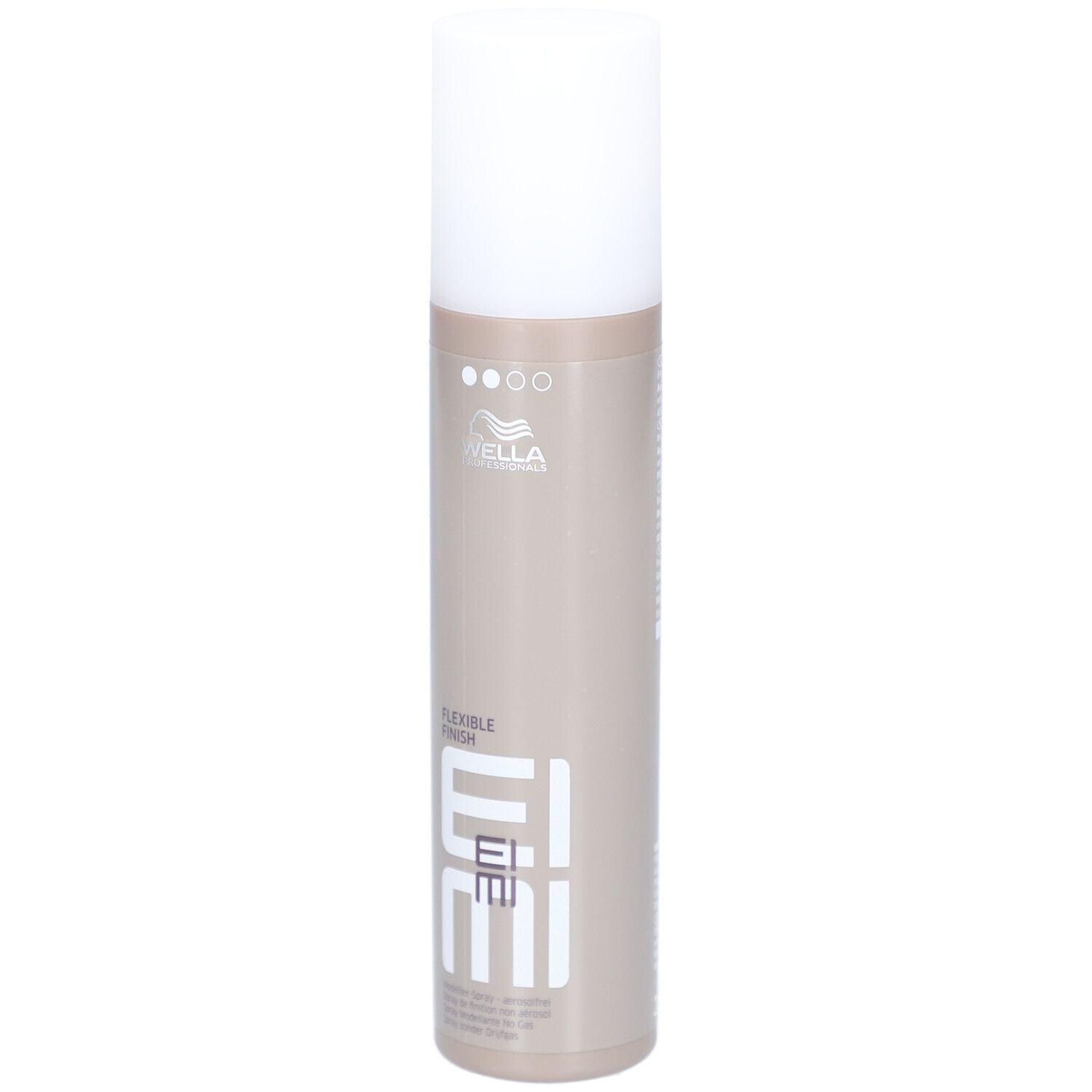 Cilindrische fles met witte dop. Opschrift: EIMI Flexible Finish. Merk: Wella.