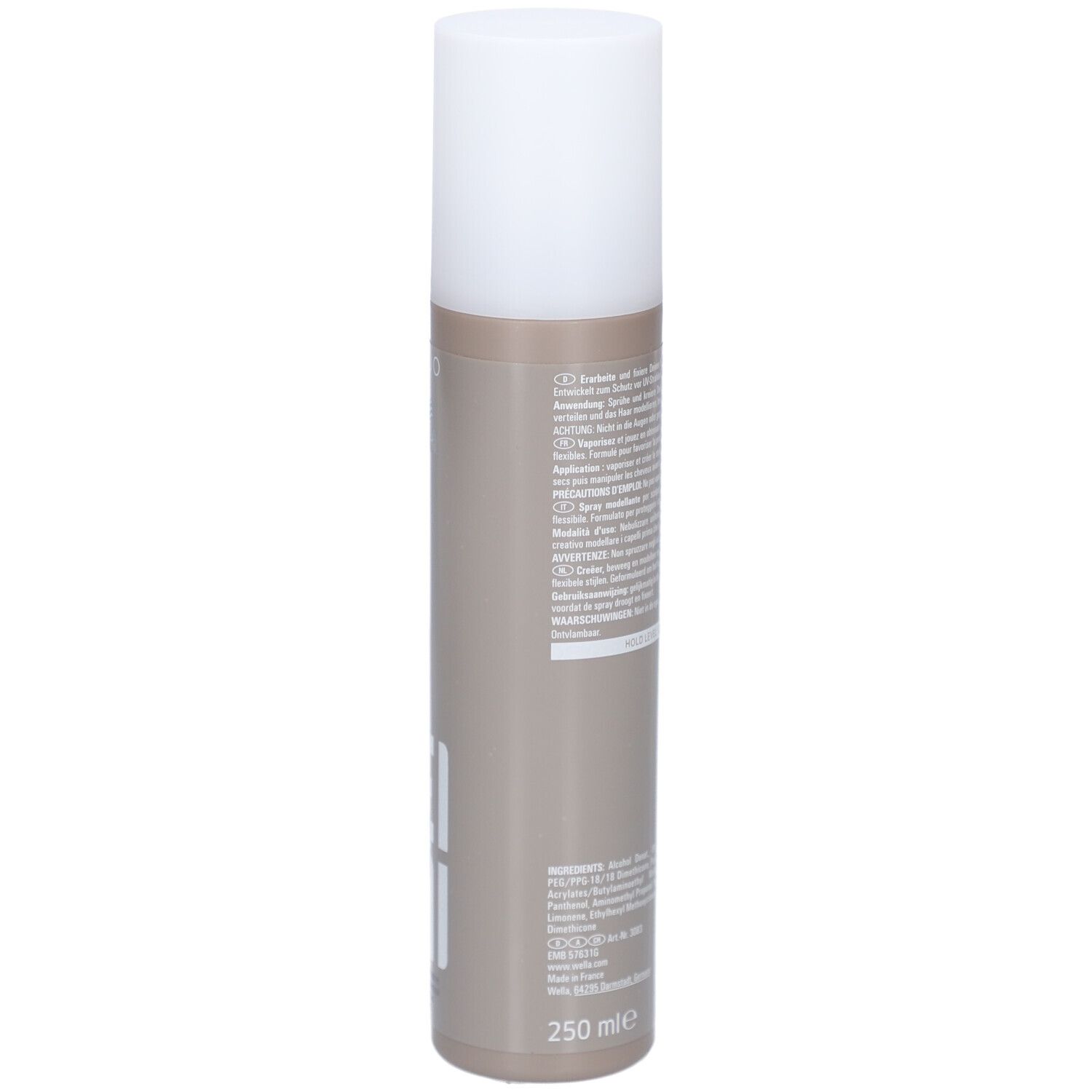 Cilindrische fles met witte dop. Opschrift: EIMI Flexible Finish. Merk: Wella. Volume: 250 ml.
