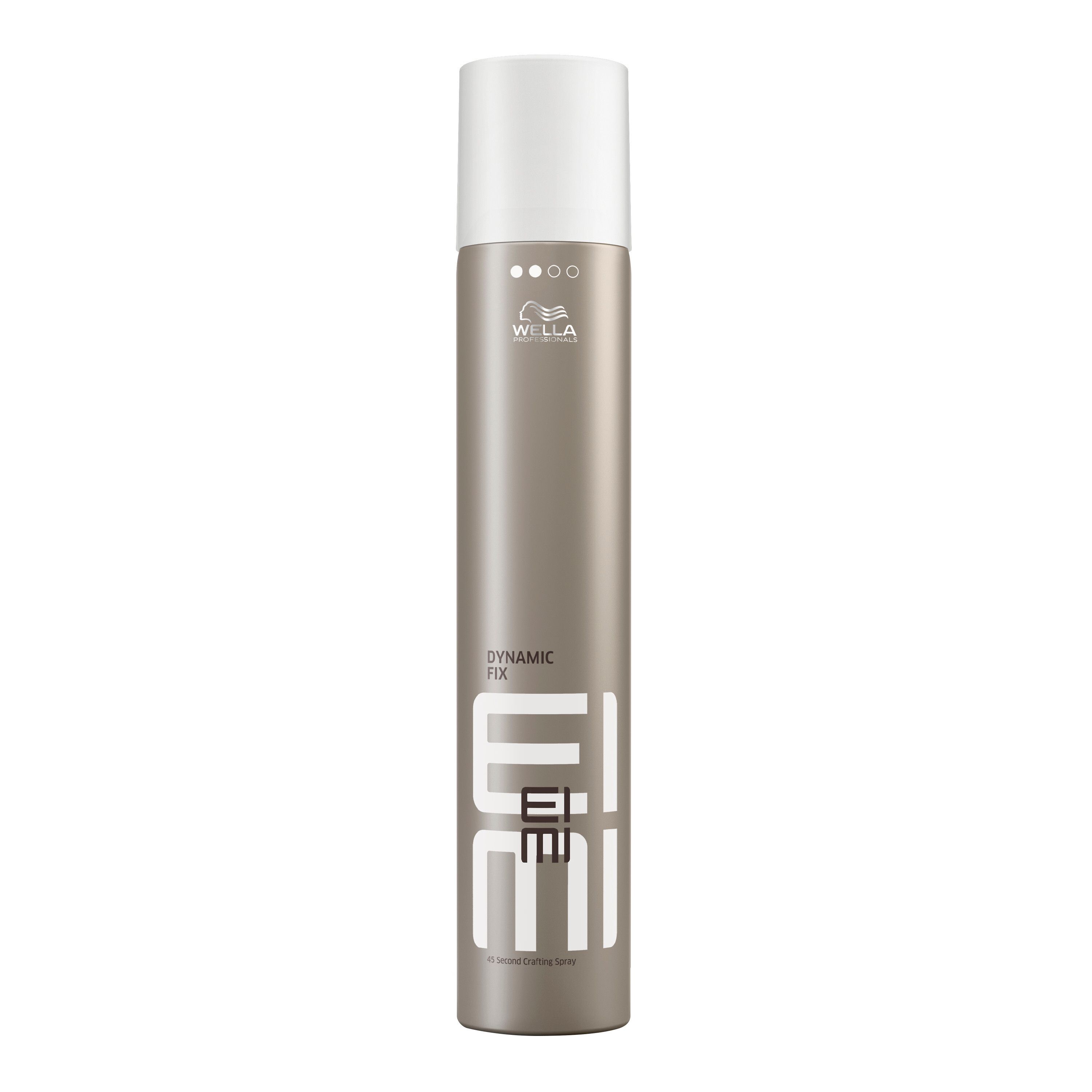 Haarspraybus met witte dop. Opschrift: EIMI, Dynamic Fix. Merk: Wella.