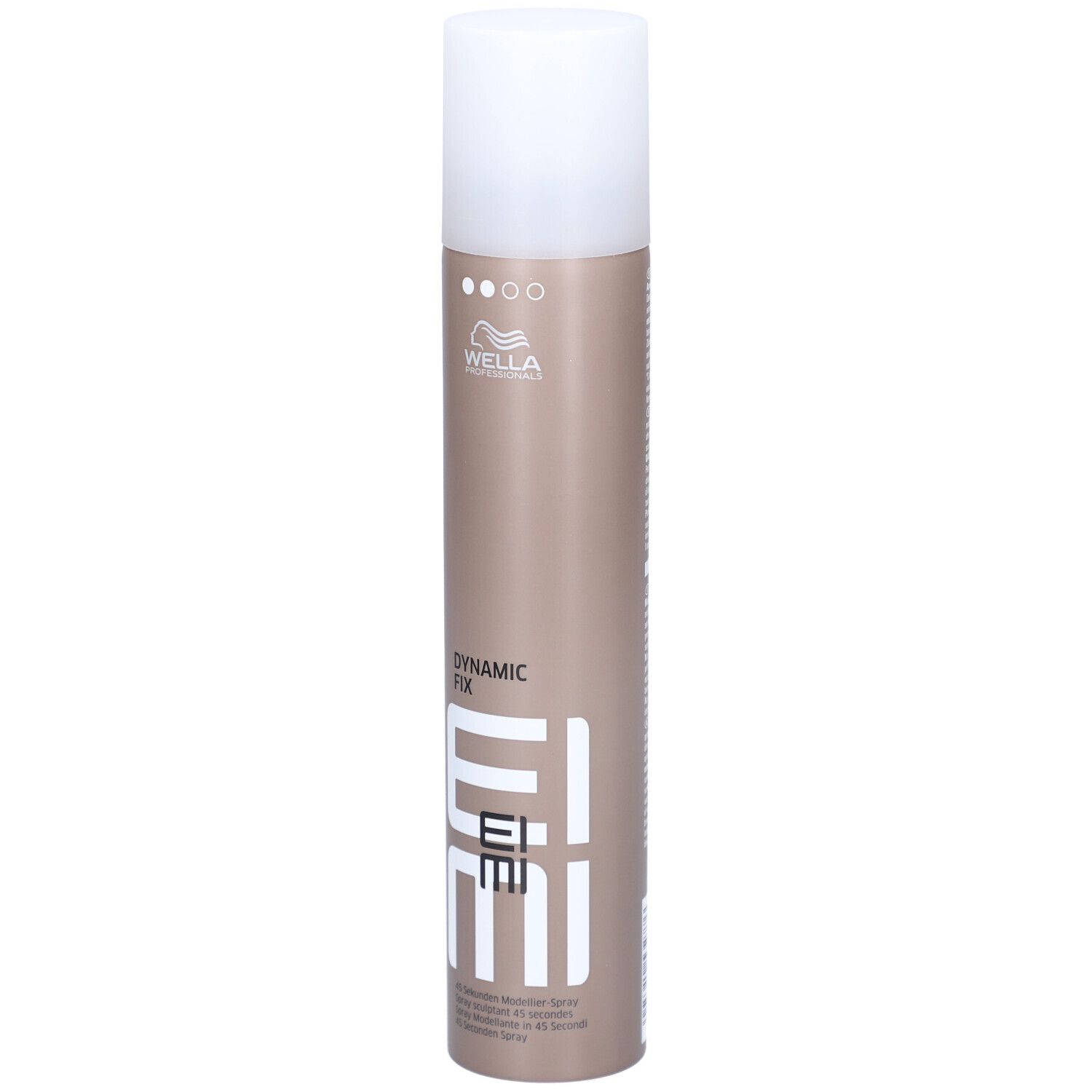 Haarspraybus met witte dop. Opschrift: EIMI, Dynamic Fix. Merk: Wella.