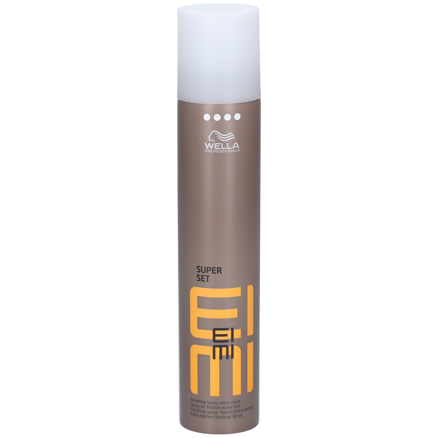 Haarspraybus met witte dop. Opschrift: EIMI, SUPER SET, Wella.