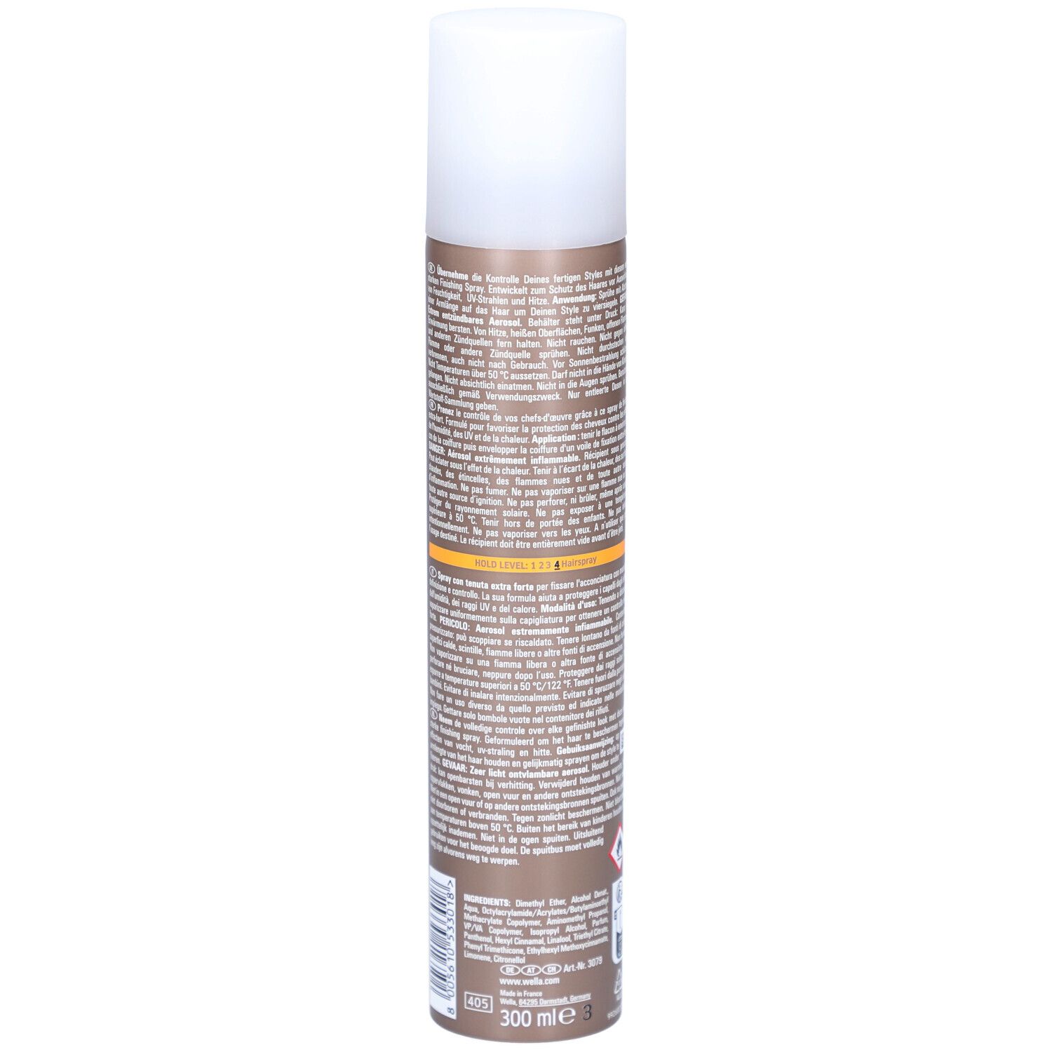 Haarspraybus, achterkant. Tekst in meerdere talen. Volume-aanduiding: 300 ml.