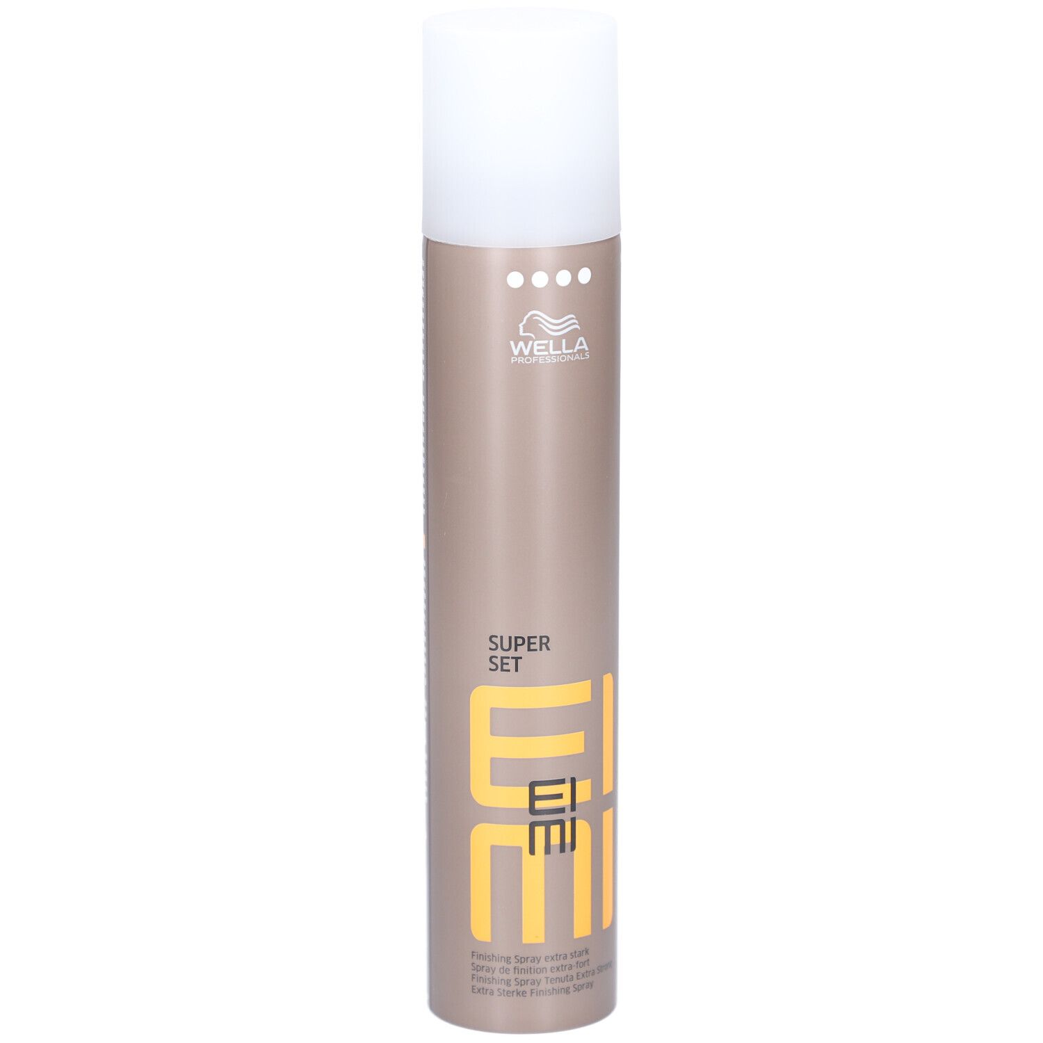 Haarspraybus met witte dop. Opschrift: EIMI, SUPER SET, Wella.