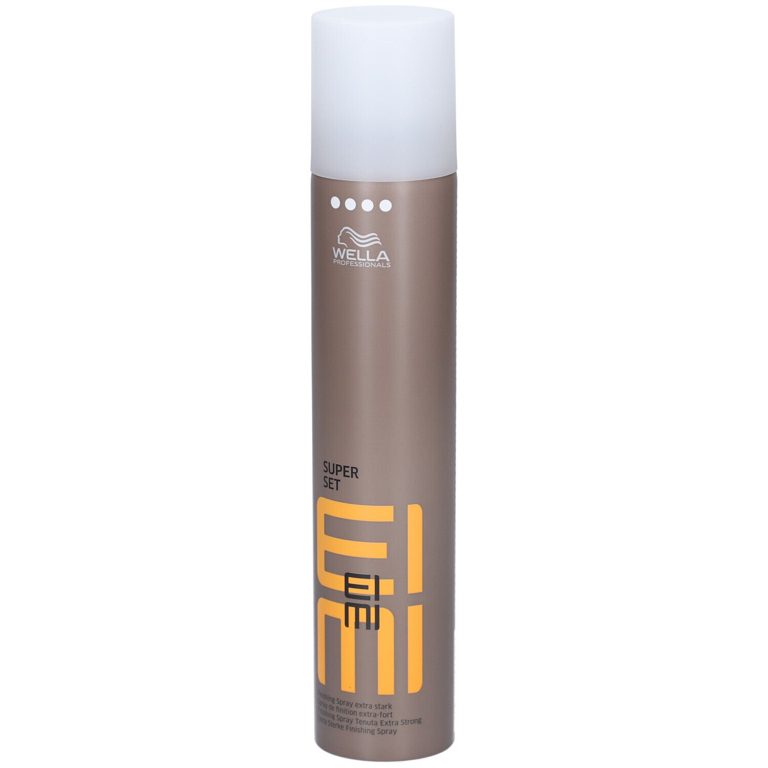Haarspraybus met witte dop. Opschrift: EIMI, SUPER SET, Wella.