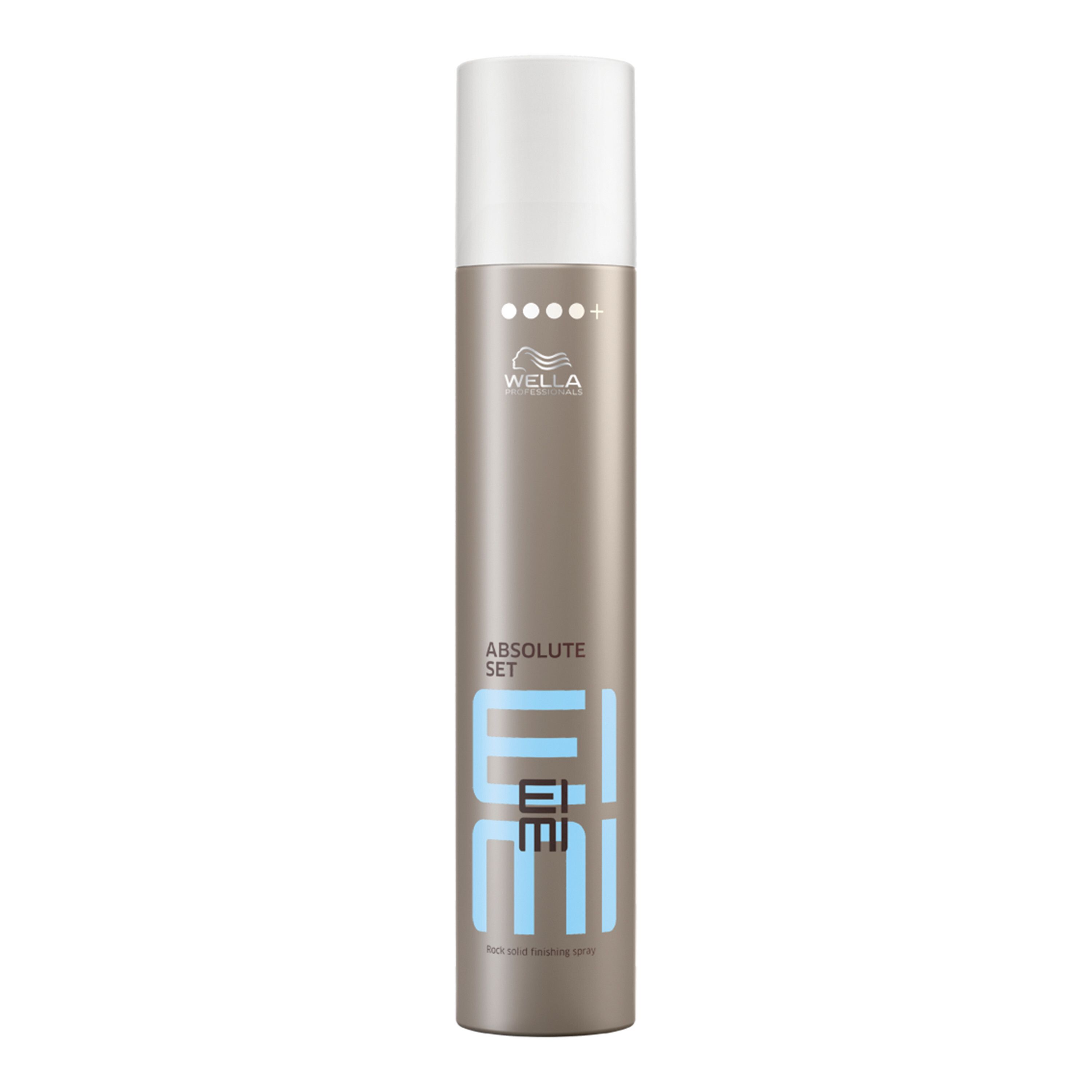 Haarsprayfles. Cilindrisch, bruin met witte dop. Opschrift: EIMI, ABSOLUTE SET. Merk: Wella.