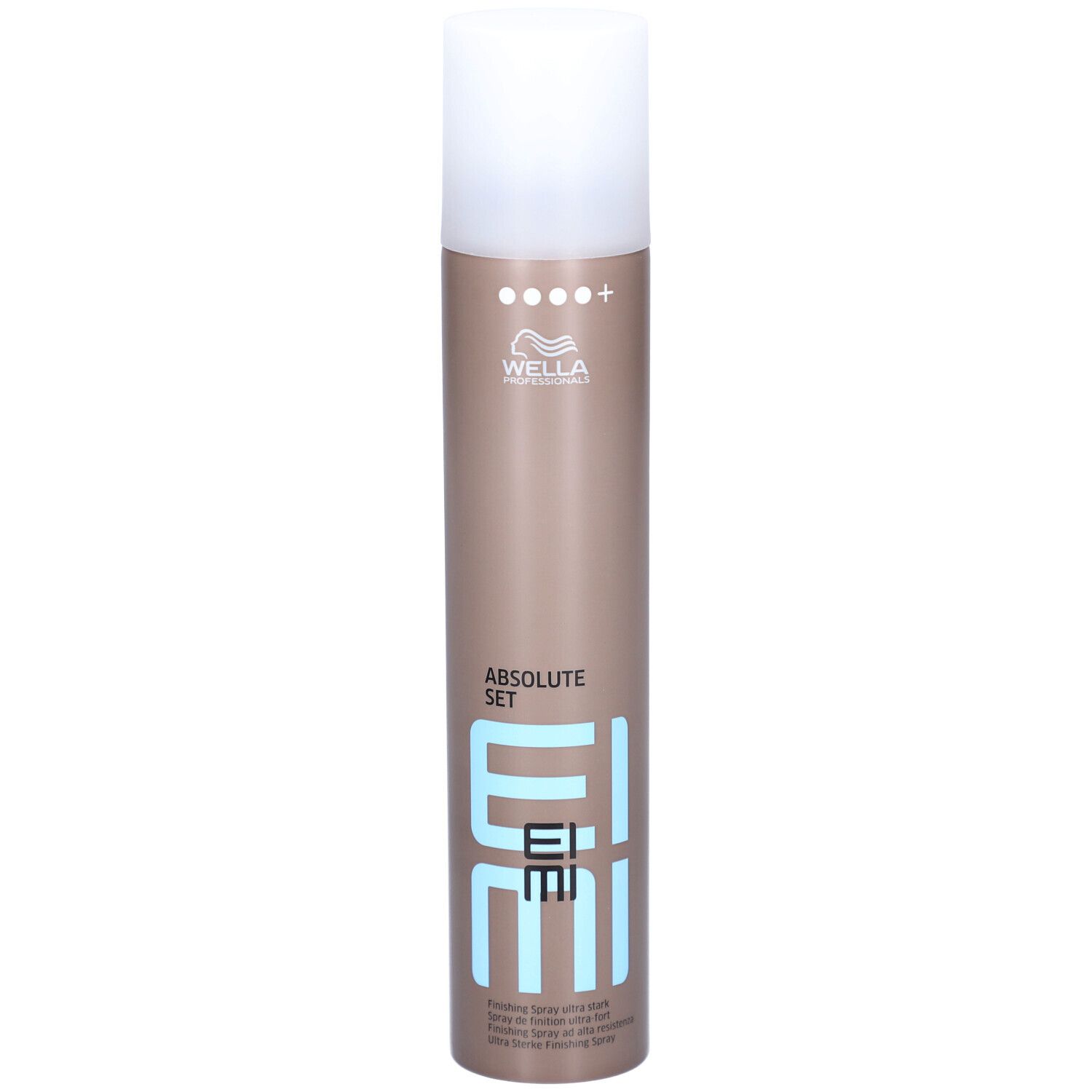 Haarsprayfles. Cilindrisch, bruin met witte dop. Opschrift: EIMI, ABSOLUTE SET. Merk: Wella.