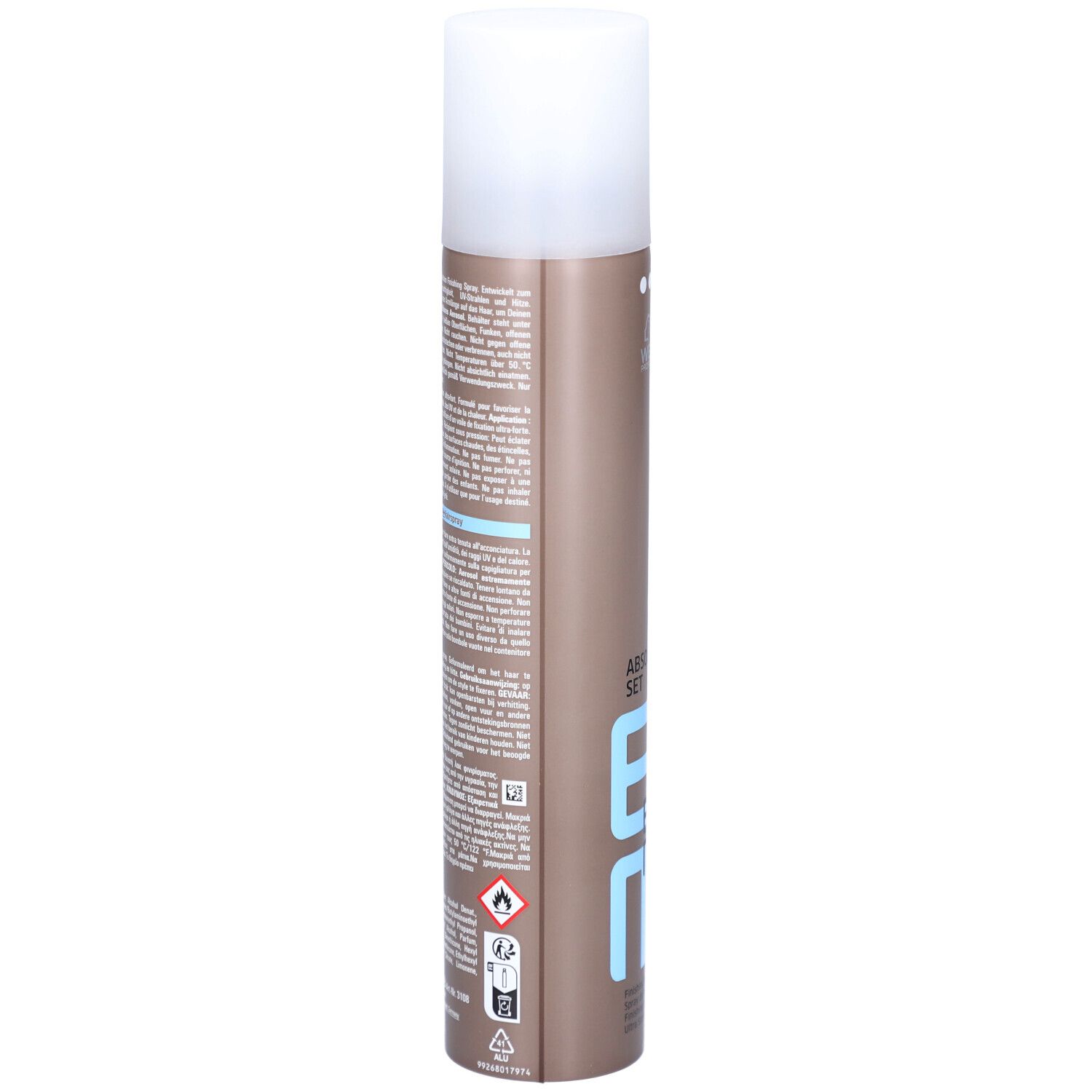 Haarsprayfles. Achterkant met tekst. Cilindrisch, bruin met witte dop. Merk: Wella.