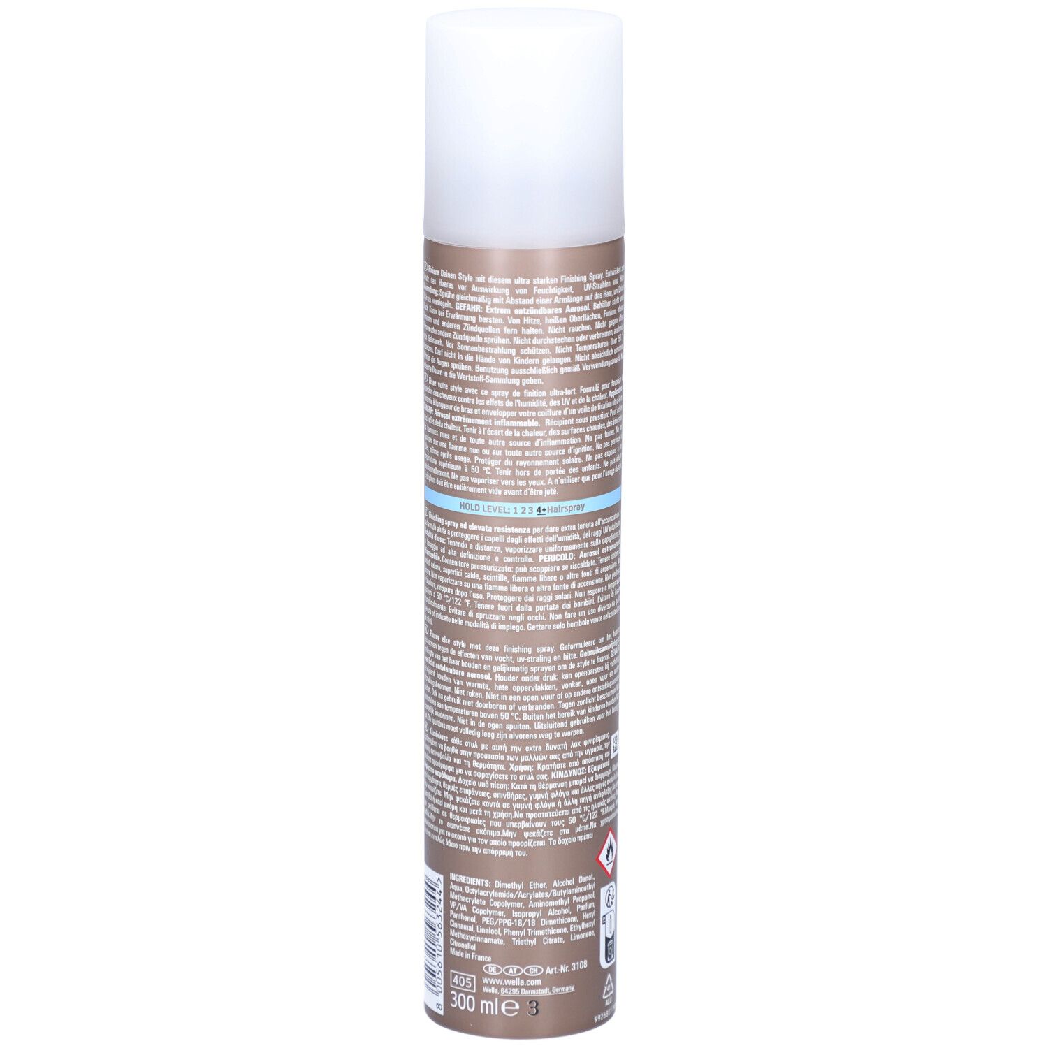 Haarsprayfles. Achterkant met tekst. Cilindrisch, bruin met witte dop. Merk: Wella.
