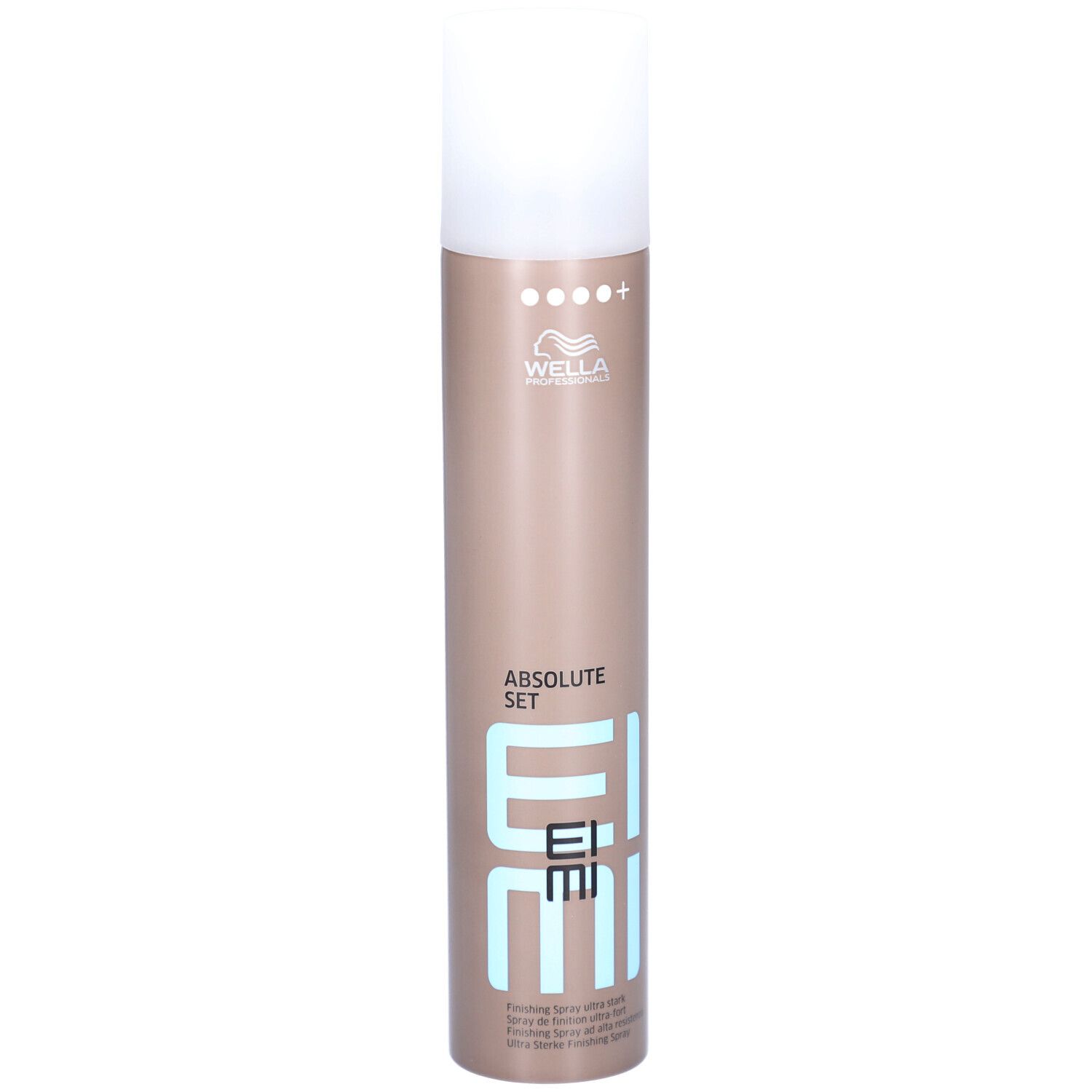 Haarsprayfles. Cilindrisch, bruin met witte dop. Opschrift: EIMI, ABSOLUTE SET. Merk: Wella.