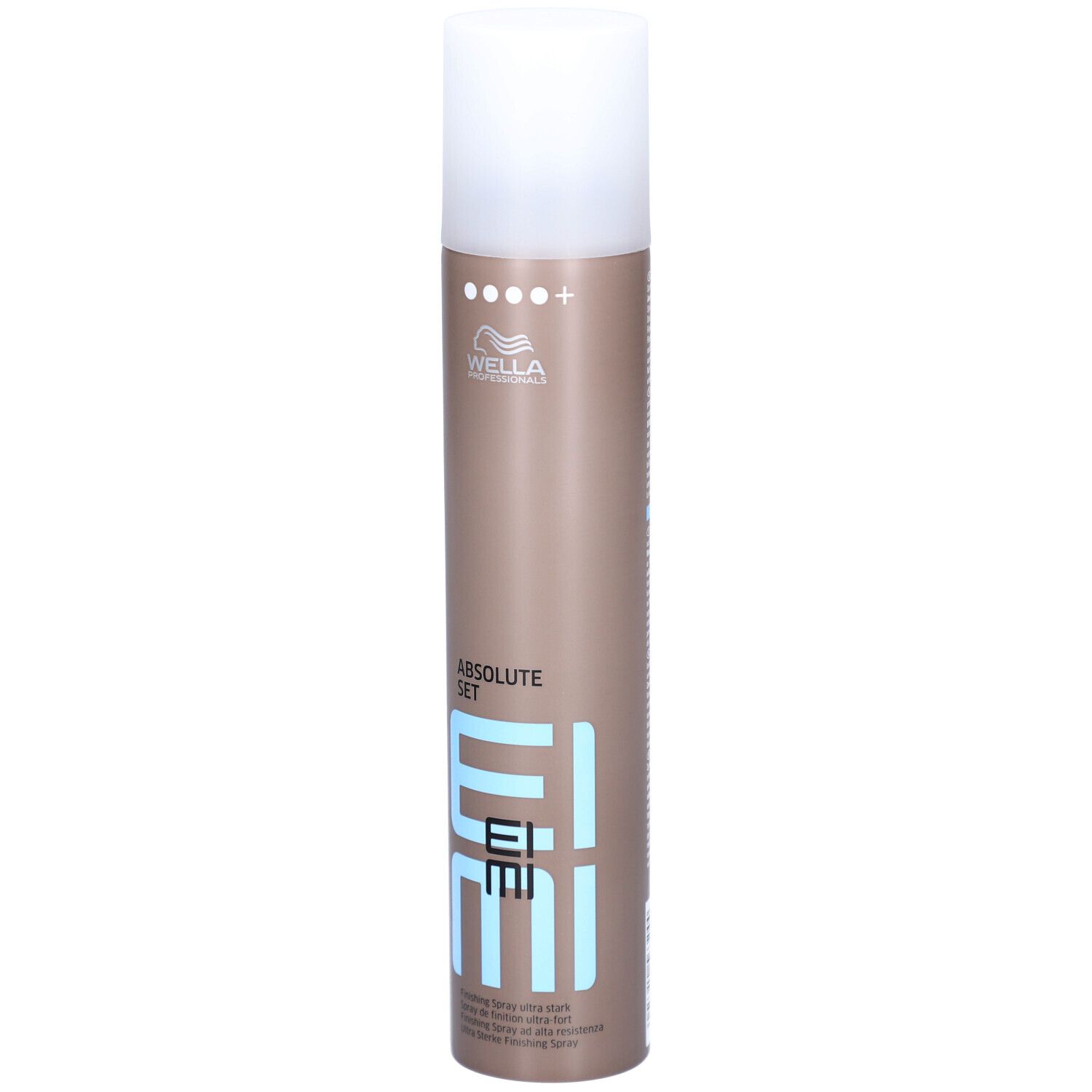 Haarsprayfles. Cilindrisch, bruin met witte dop. Opschrift: EIMI, ABSOLUTE SET. Merk: Wella.