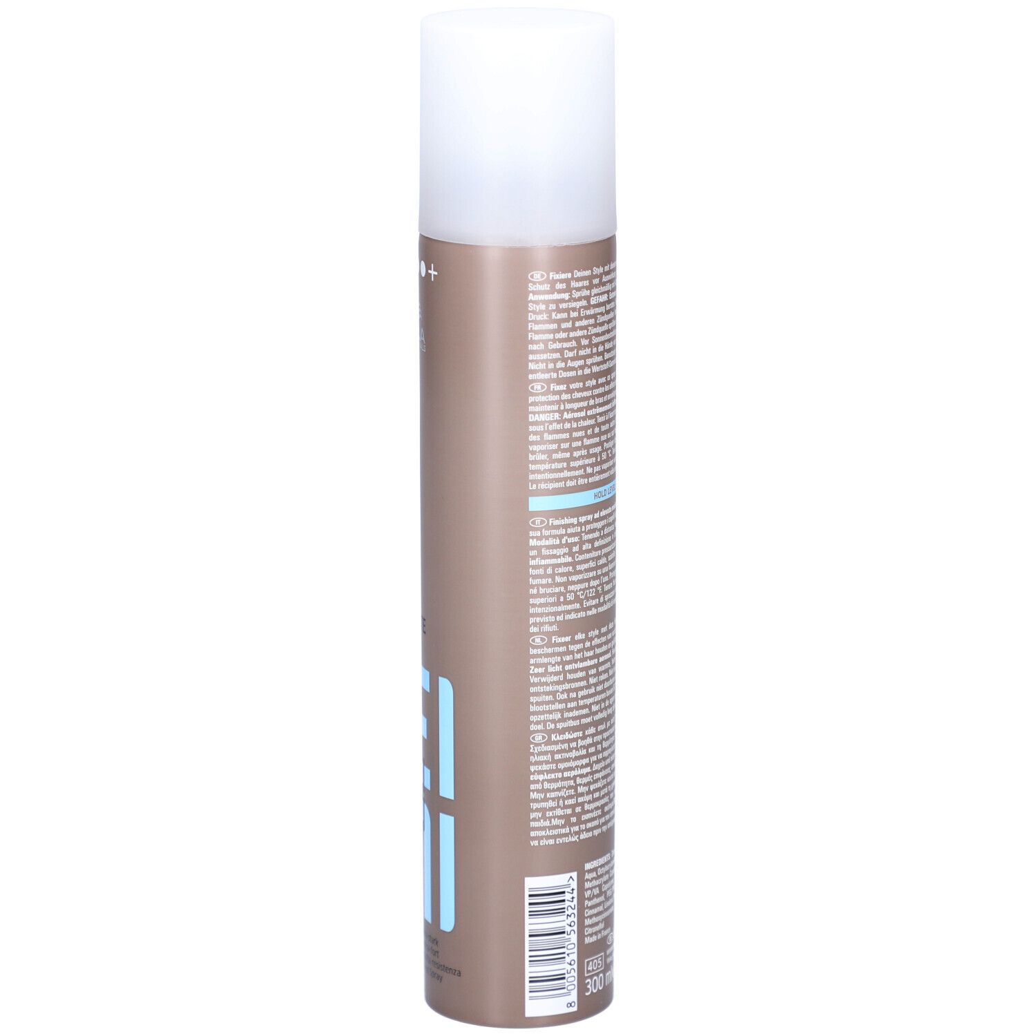Haarsprayfles. Achterkant met tekst. Cilindrisch, bruin met witte dop. Merk: Wella.