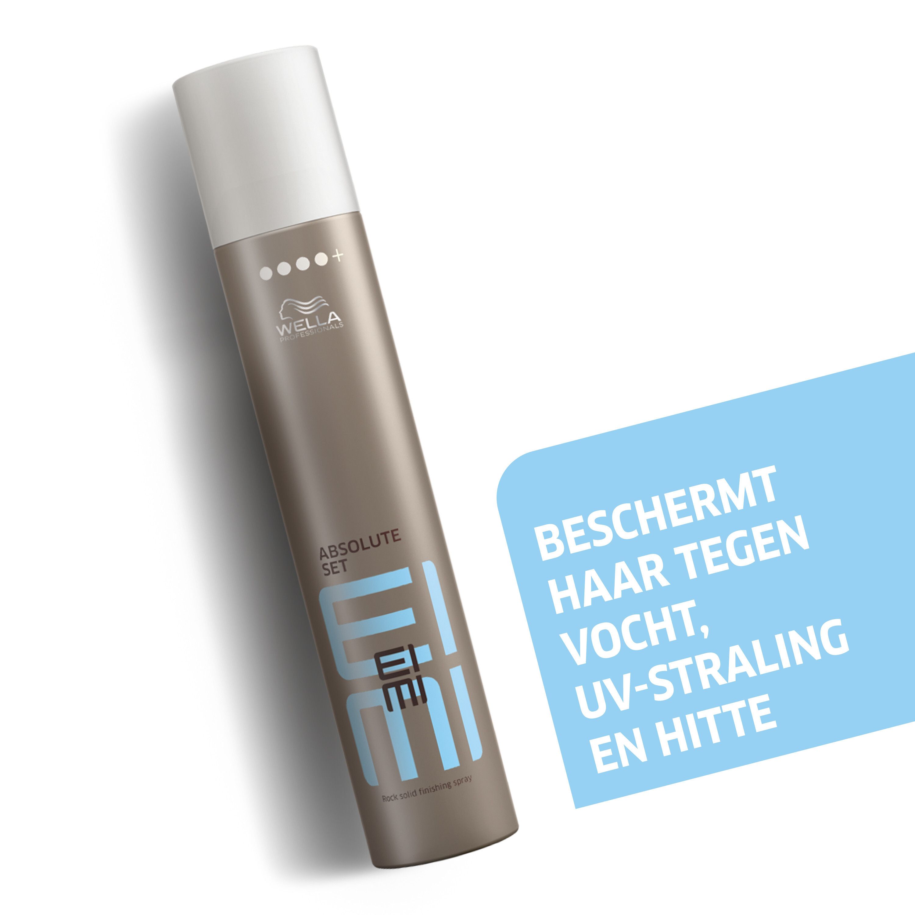 Haarsprayfles. Schuin, met tekst. Cilindrisch, bruin met witte dop. Merk: Wella.