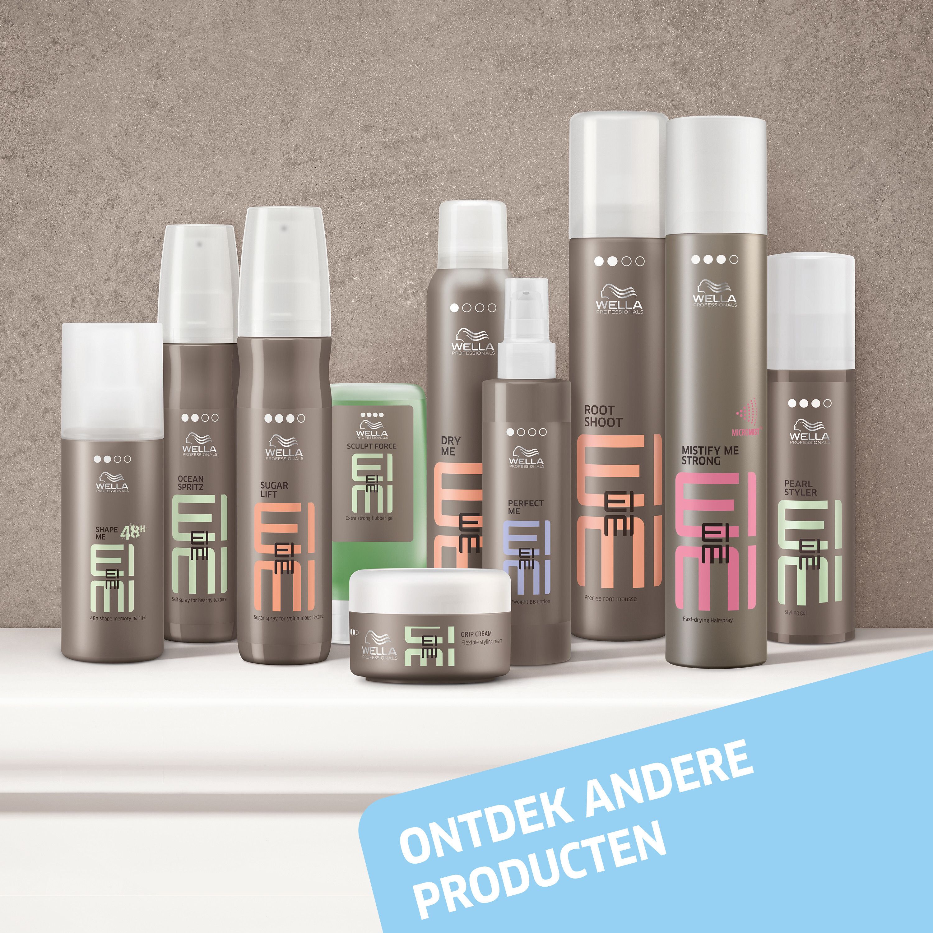 Verschillende haarproducten. Flessen, sprays, crème. Merk: Wella EIMI.