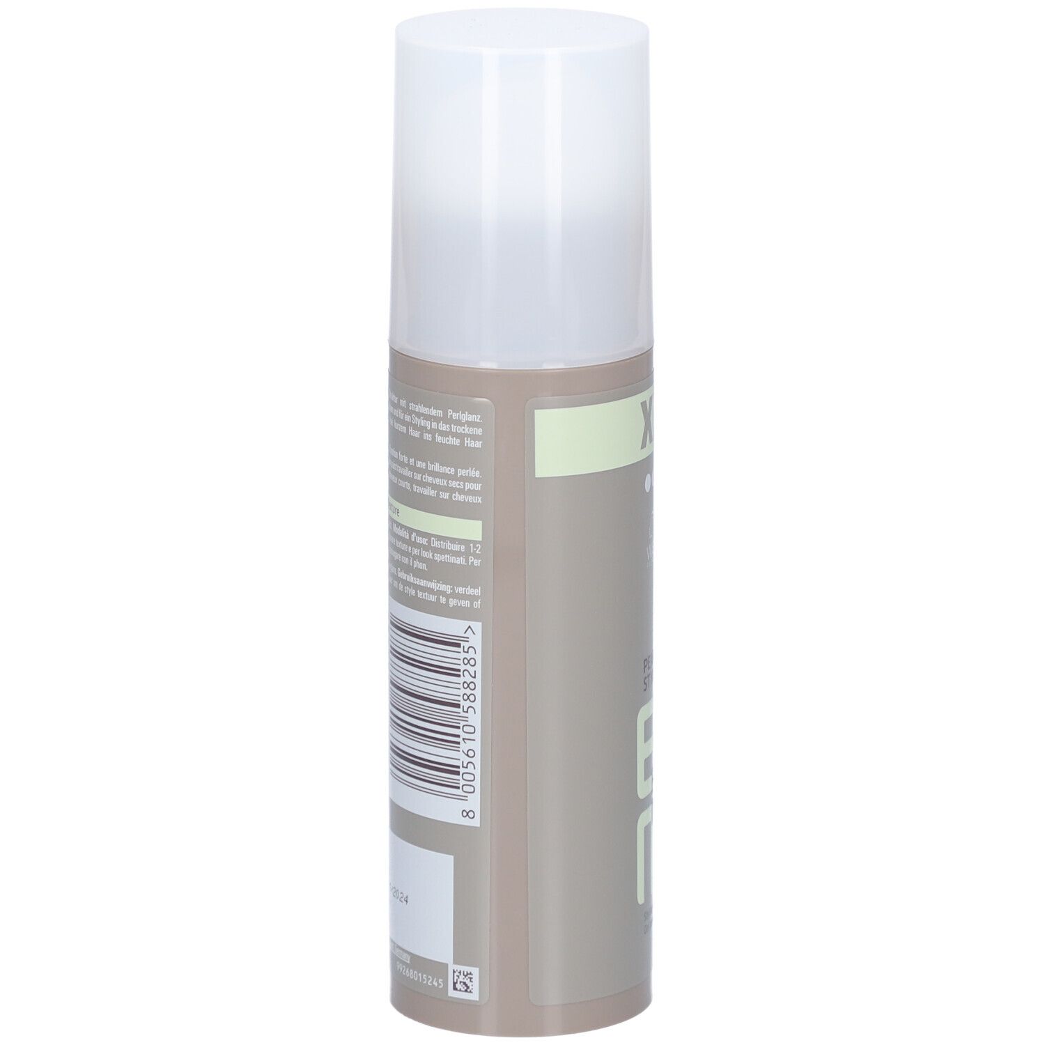 Wella Professionals EIMI Pearl Styler fles. Achterkant met barcode en tekst. Bruine en witte tinten.
