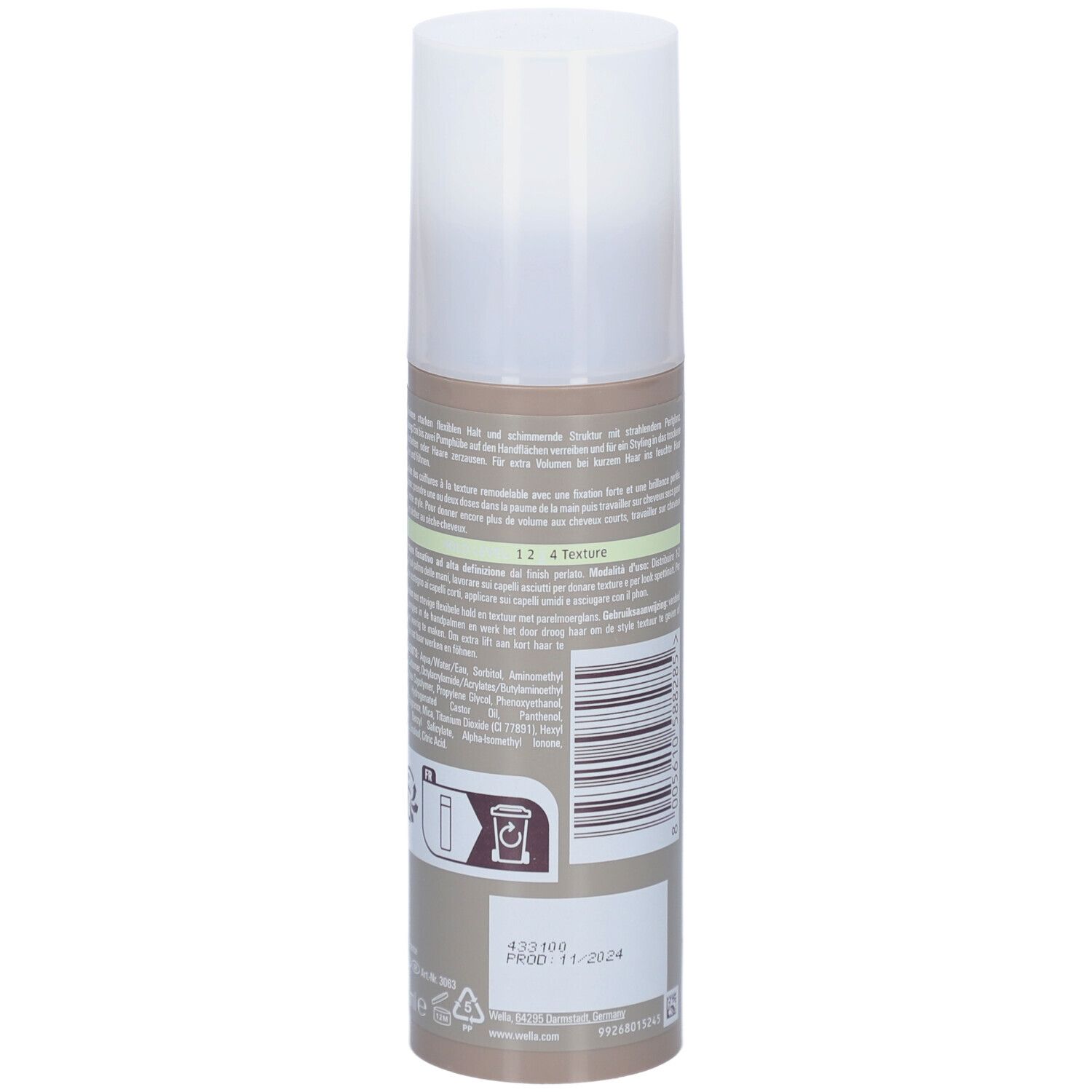 Wella Professionals EIMI Pearl Styler fles. Achterkant met tekst en recyclingsymbolen. Bruine en witte tinten.