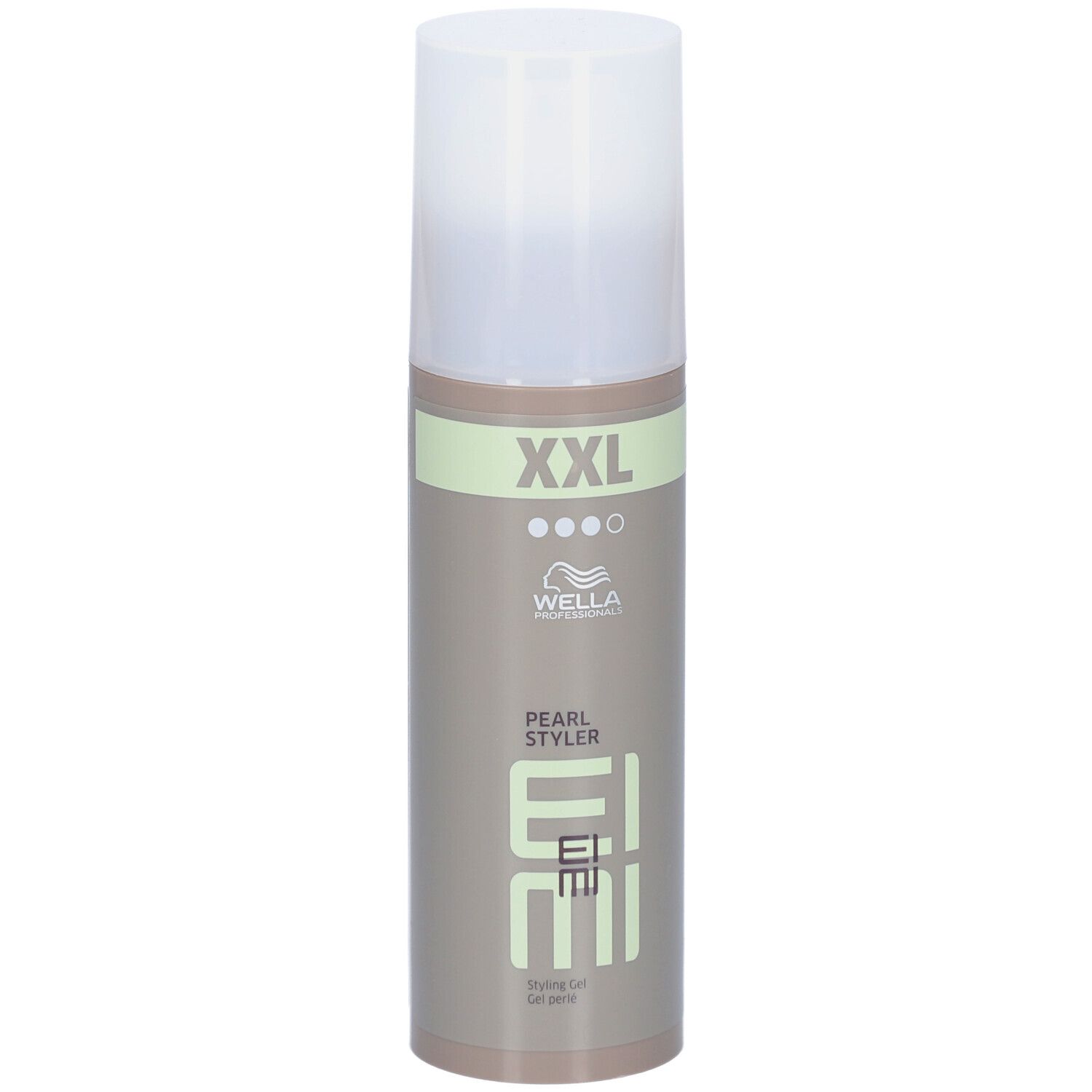 Wella Professionals EIMI Pearl Styler fles. Lichtgroene strook met "XXL". Productnaam en logo zichtbaar.