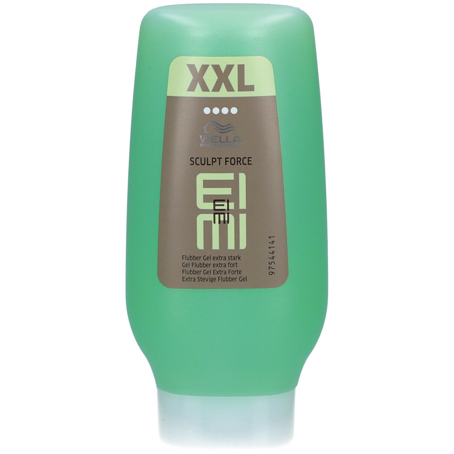 Groene fles met bruin etiket. Tekst: XXL, EIMI Sculpt Force Gel. Wella-logo. Extra sterke hold.
