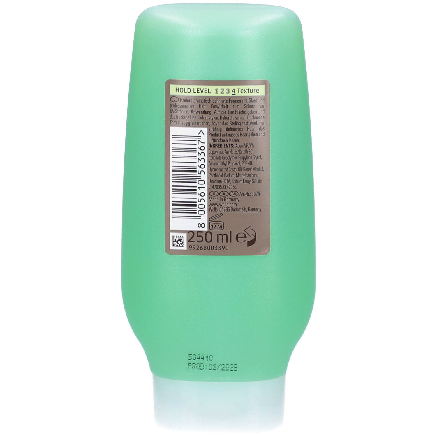 Achterkant van de groene fles. Bruin etiket met tekst en barcode. Tekst: HOLD LEVEL 1 2 3 Texture. 250 ml.
