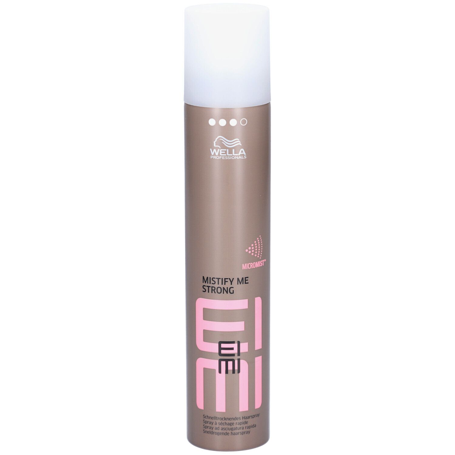 Haarspraybus met witte dop. Opschrift: EIMI, MISTIFY ME STRONG, Wella. Bruine bus met roze tekst.