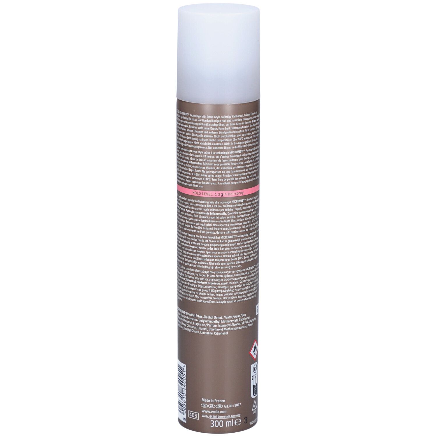 Achterkant van de haarspraybus. Tekst in meerdere talen. Bruine bus met witte dop. Volume-aanduiding: 300 ml.