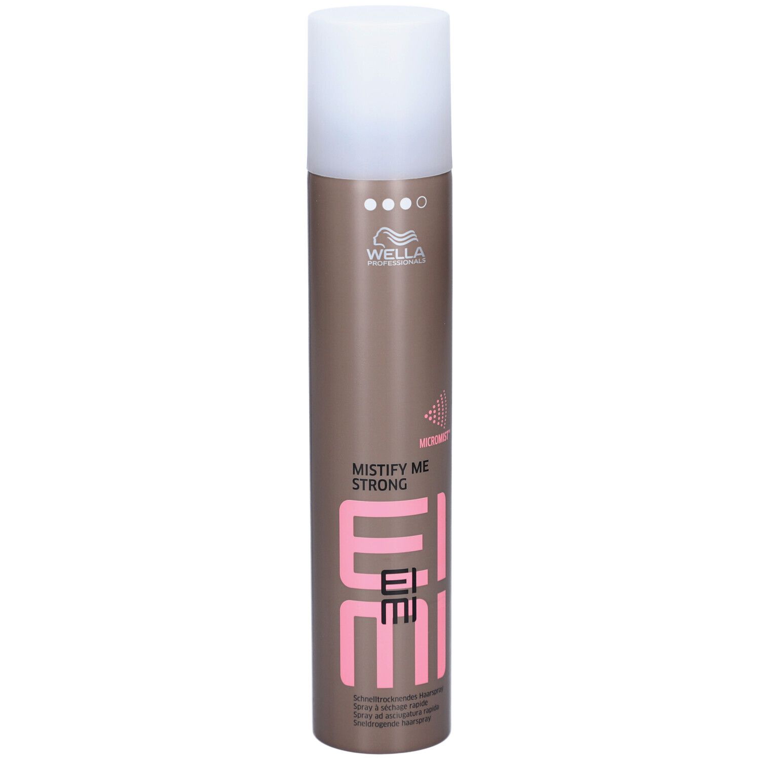 Haarspraybus met witte dop. Opschrift: EIMI, MISTIFY ME STRONG, Wella. Bruine bus met roze tekst.