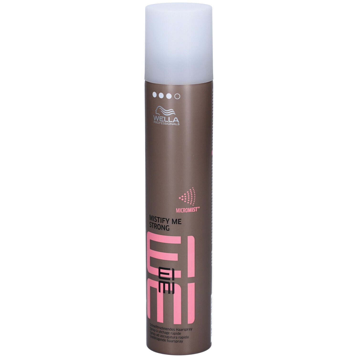 Haarspraybus met witte dop. Opschrift: EIMI, MISTIFY ME STRONG, Wella. Bruine bus met roze tekst.