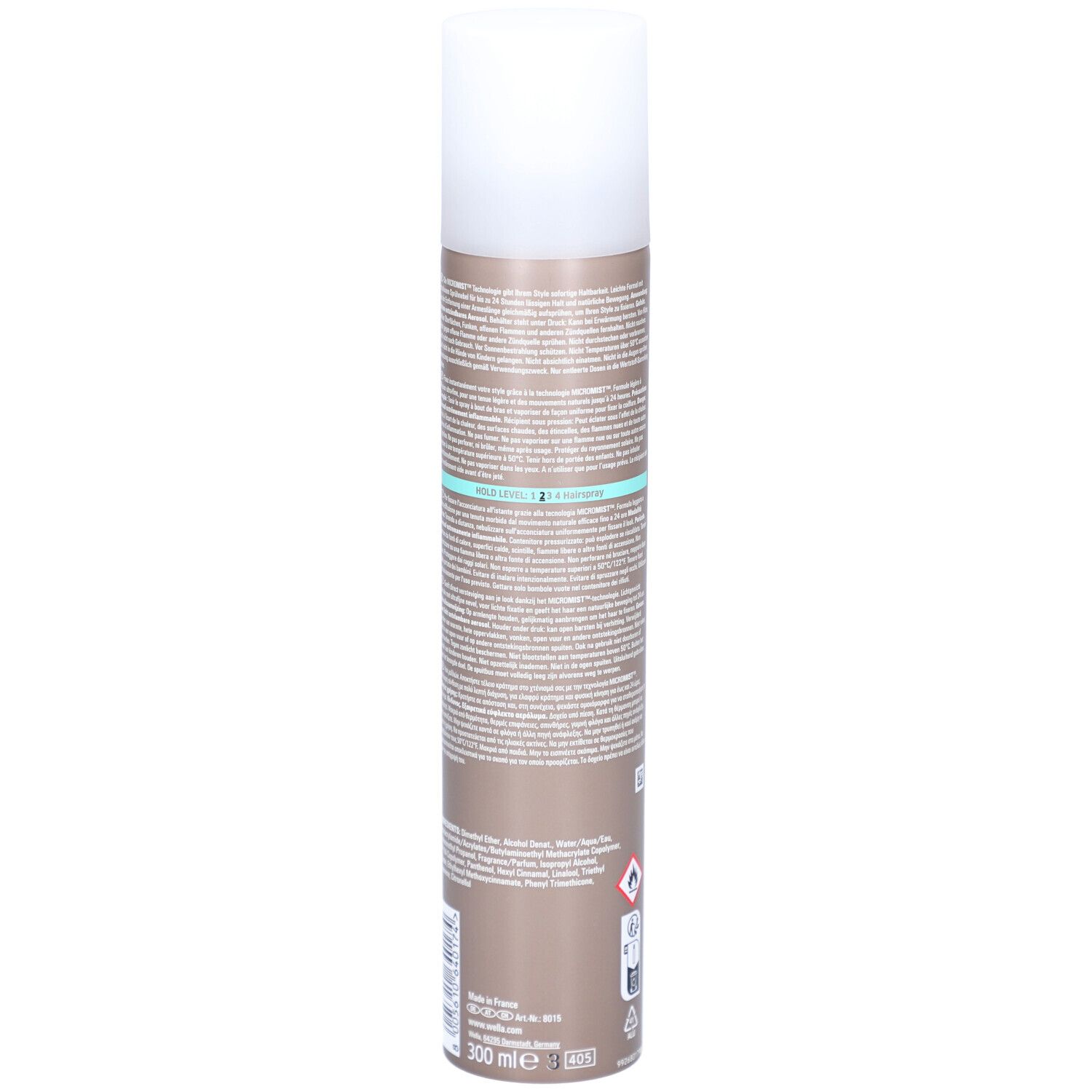 Achterkant van de haarsprayfles. Tekst in meerdere talen. Bruine bus met witte dop. Volume-aanduiding: 300 ml.
