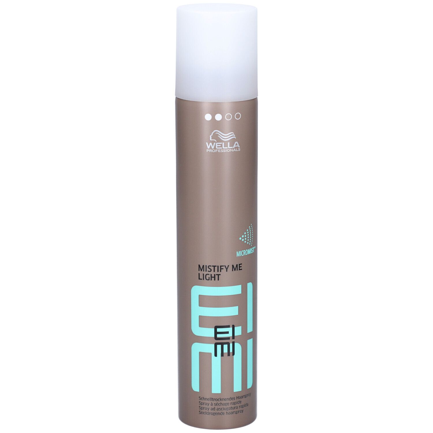 Haarsprayfles met witte dop. Opschrift: MISTIFY ME LIGHT, EIMI, WELLA. Bruine bus met turquoise accenten.