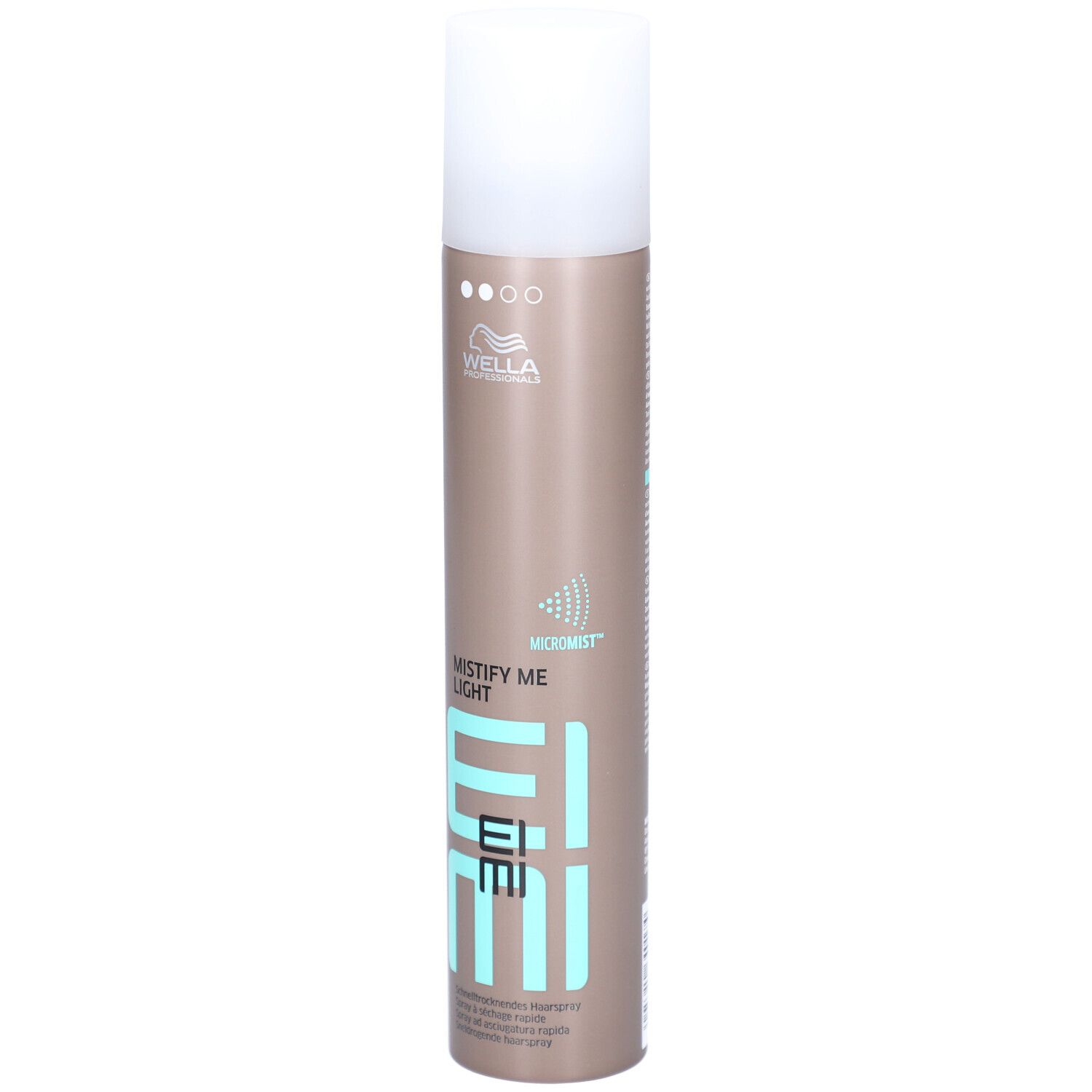 Haarsprayfles met witte dop. Opschrift: MISTIFY ME LIGHT, EIMI, WELLA. Bruine bus met turquoise accenten.