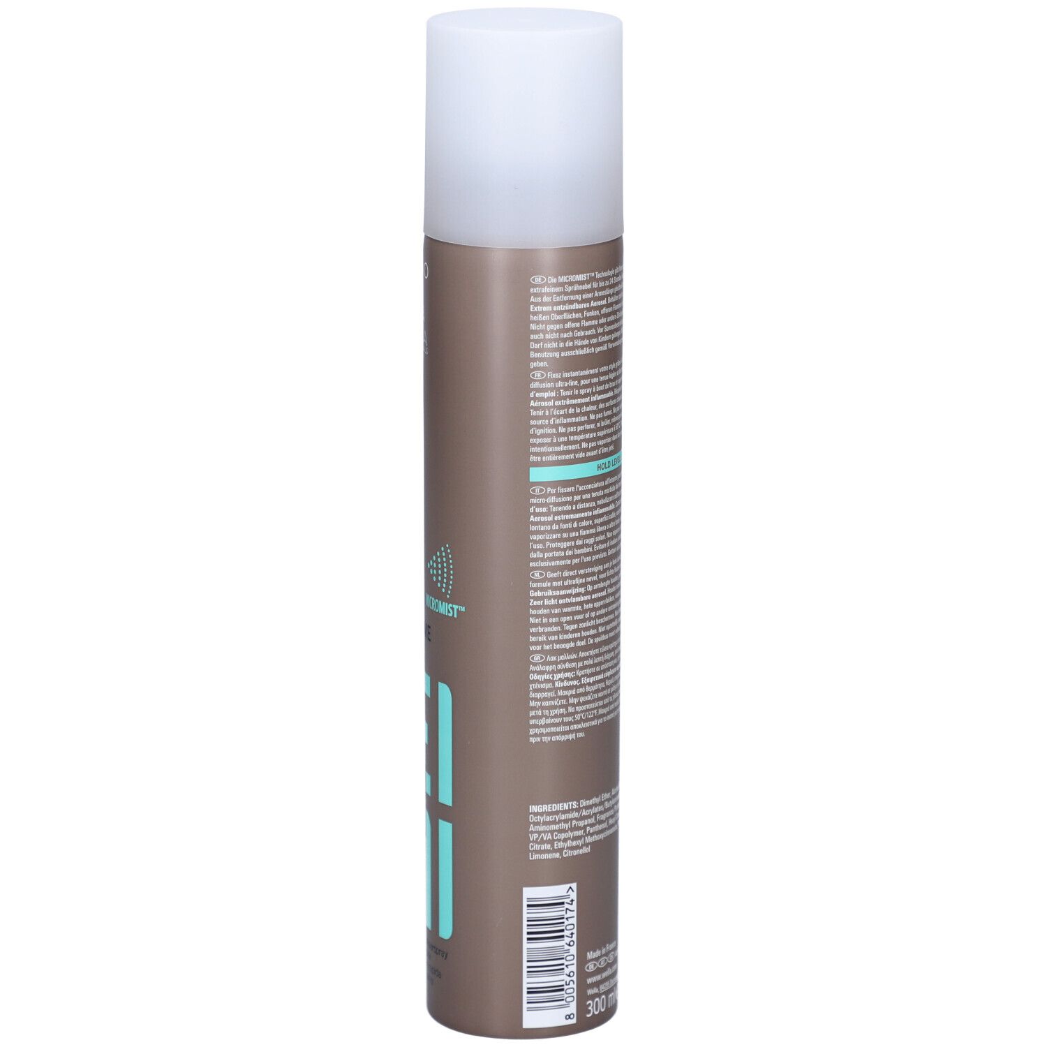 Achterkant van de haarsprayfles. Tekst in meerdere talen. Bruine bus met witte dop. Volume-aanduiding: 300 ml.