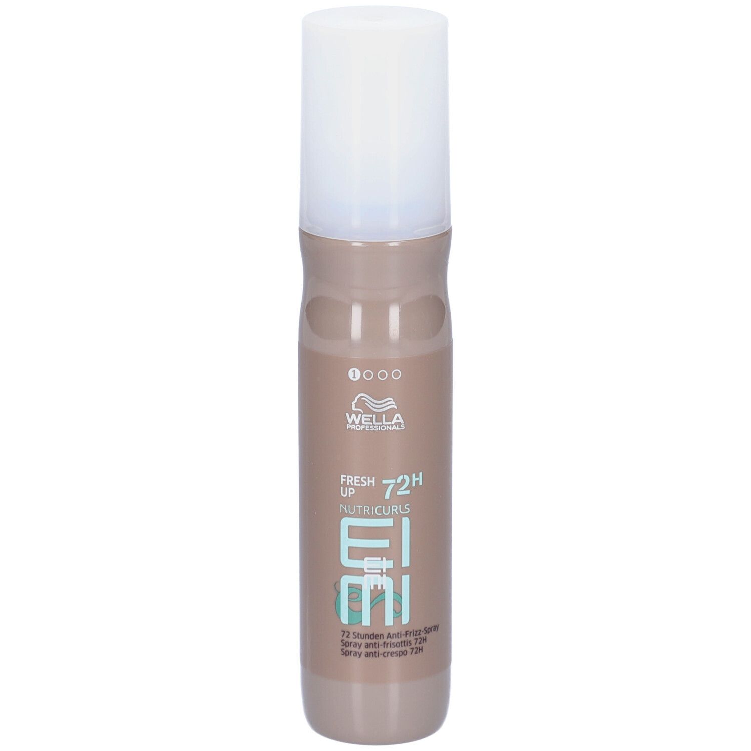 Haarsprayfles. Lichtbruine fles met witte dop. Opschrift: Wella Professionals EIMI Nutricurls Fresh Up 72H Anti-Frizz Spray.