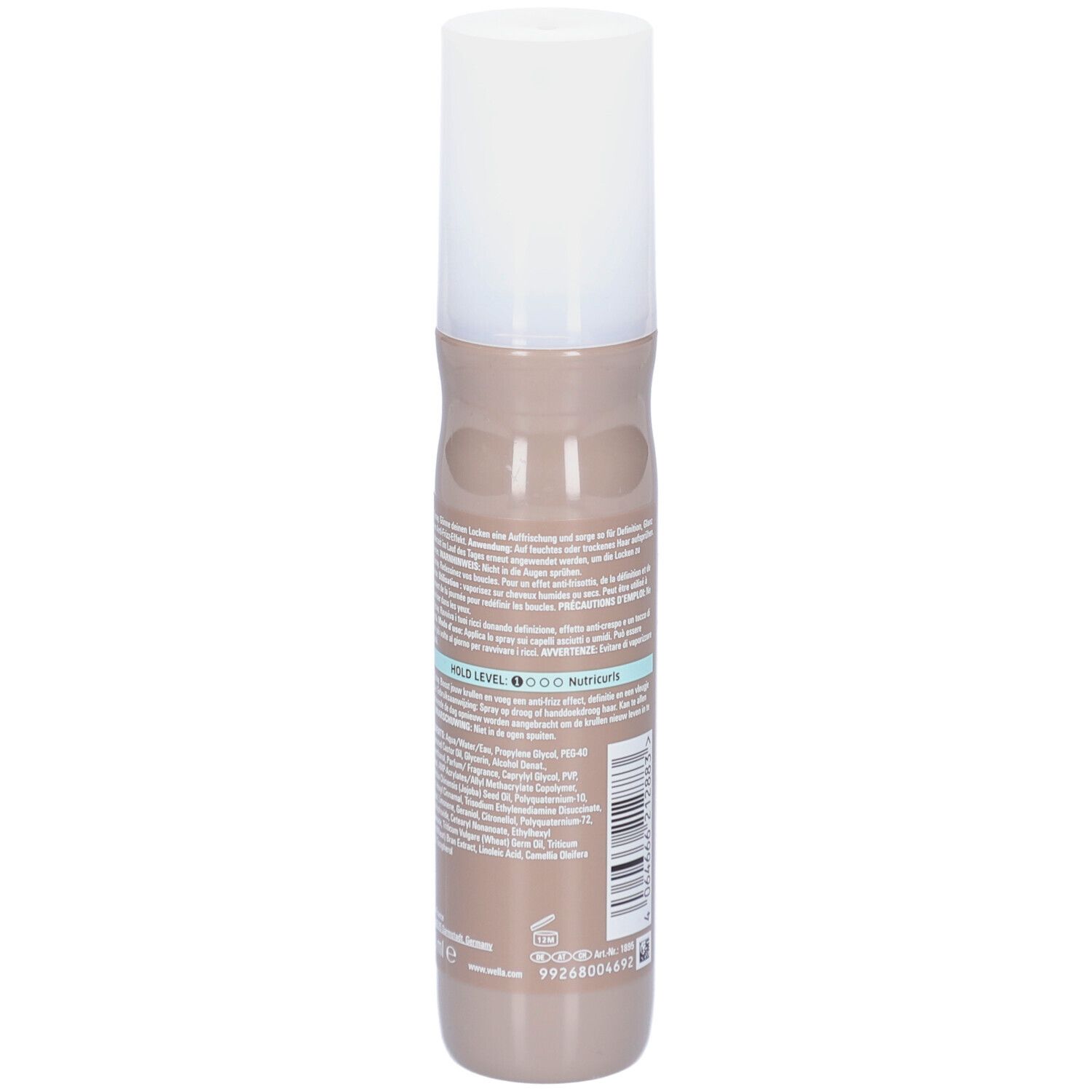Achterkant van de haarsprayfles. Lichtbruine fles met witte dop. Tekst en barcode.