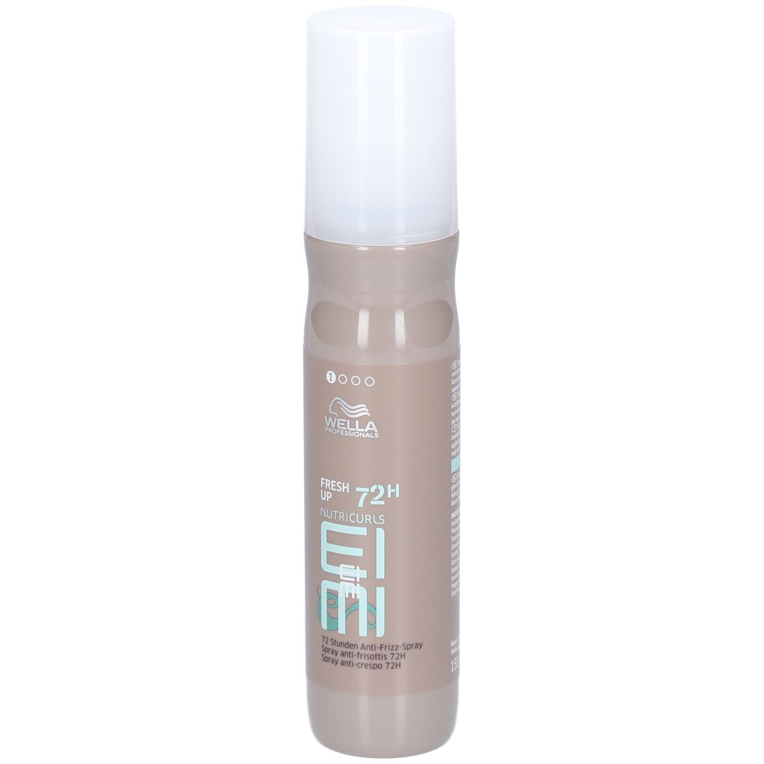 Haarsprayfles. Lichtbruine fles met witte dop. Opschrift: Wella Professionals EIMI Nutricurls Fresh Up 72H Anti-Frizz Spray.