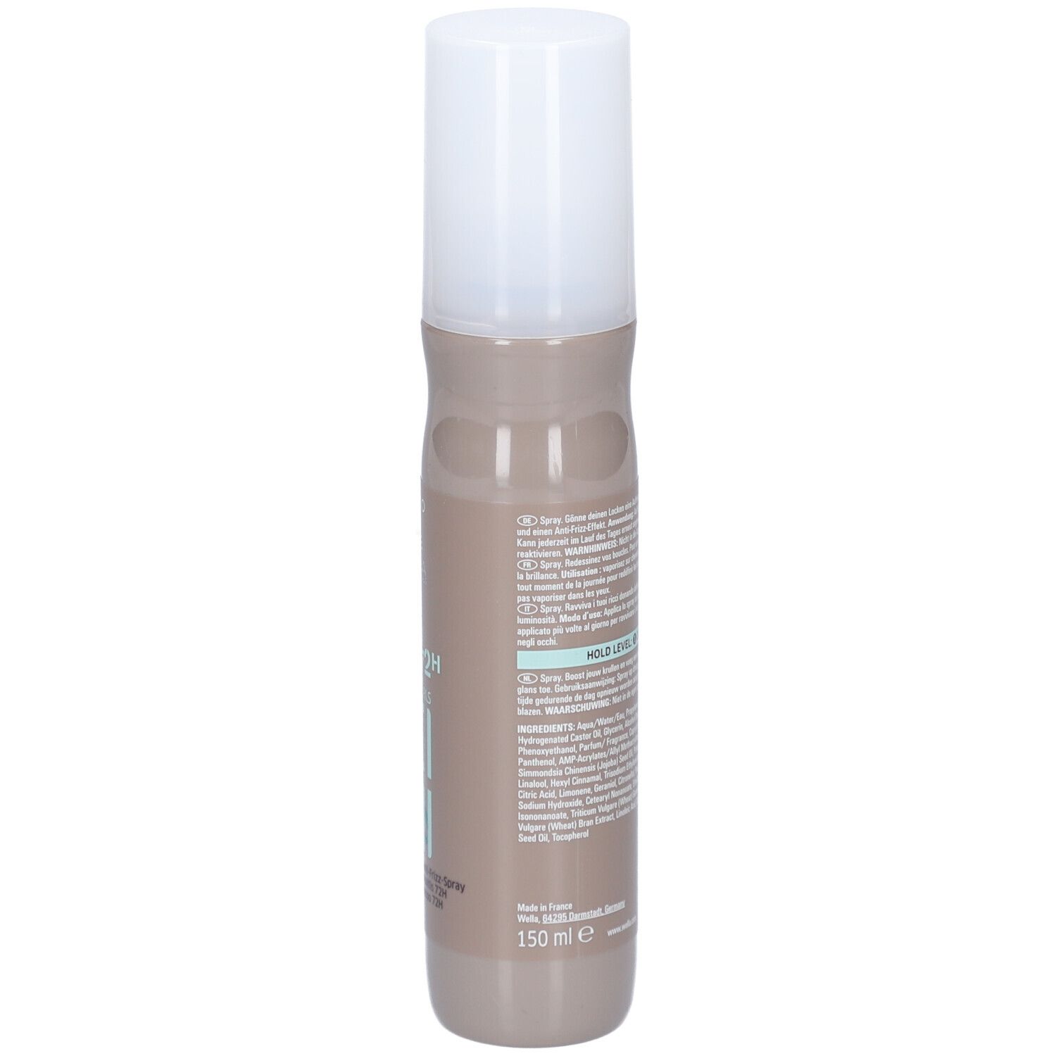 Haarsprayfles. Lichtbruine fles met witte dop. Opschrift: Wella Professionals EIMI Nutricurls Fresh Up 72H Anti-Frizz Spray. 150 ml.