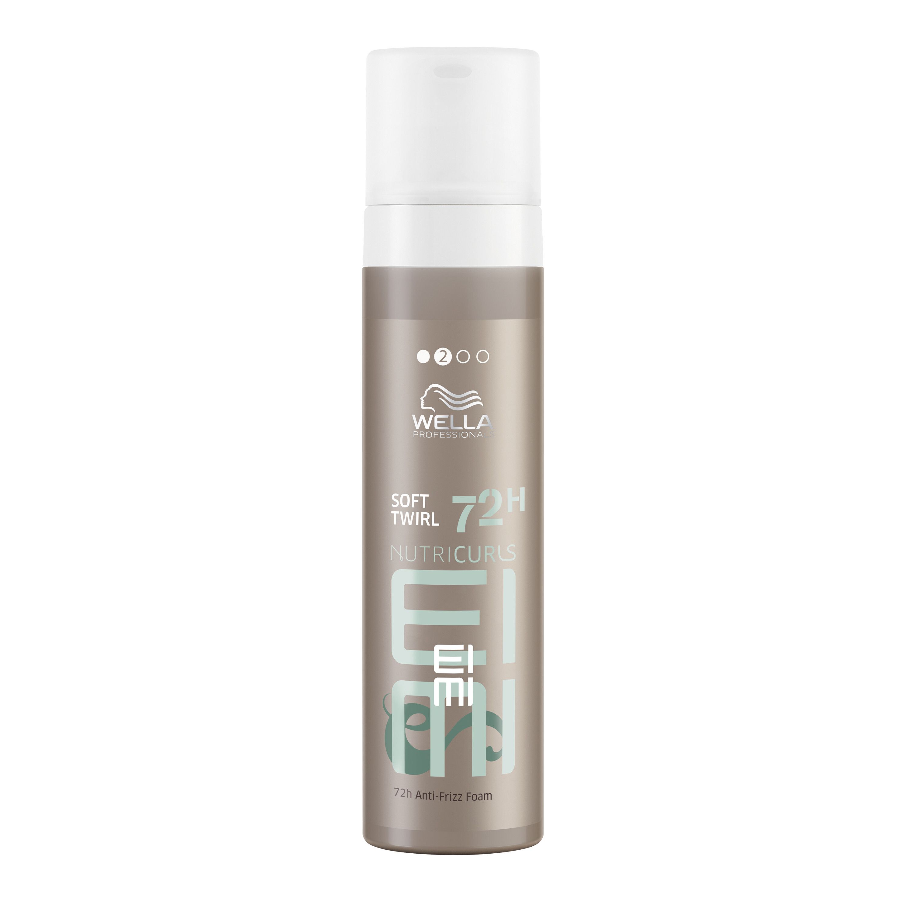 Mousse Wella EIMI Nutricurls Soft Twirl. Flacon marron avec bouchon blanc. Texte : 72H Anti-Frizz Foam.