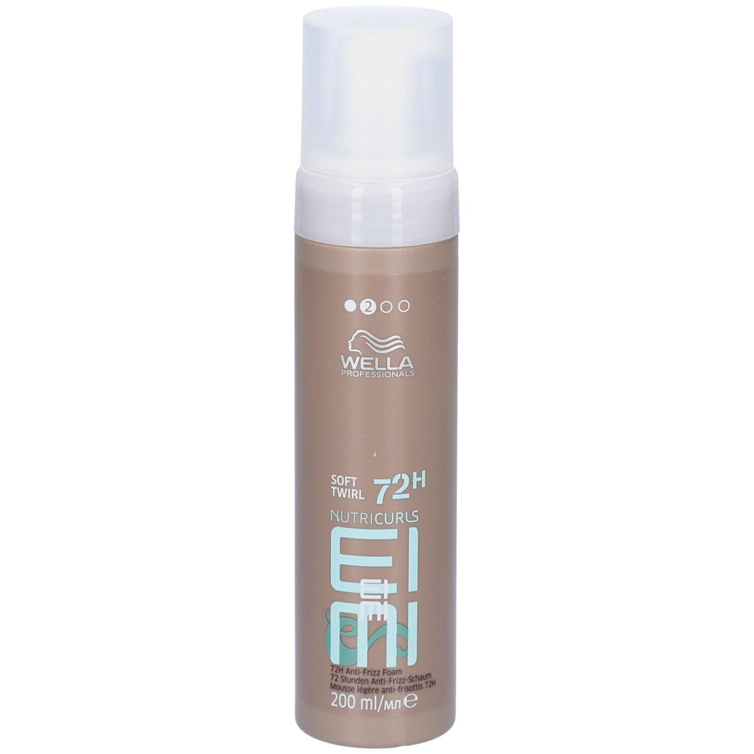 Mousse Wella EIMI Nutricurls Soft Twirl. Flacon marron avec bouchon blanc. Inscription : 72H, Nutricurls, EIMI, 200 ml.