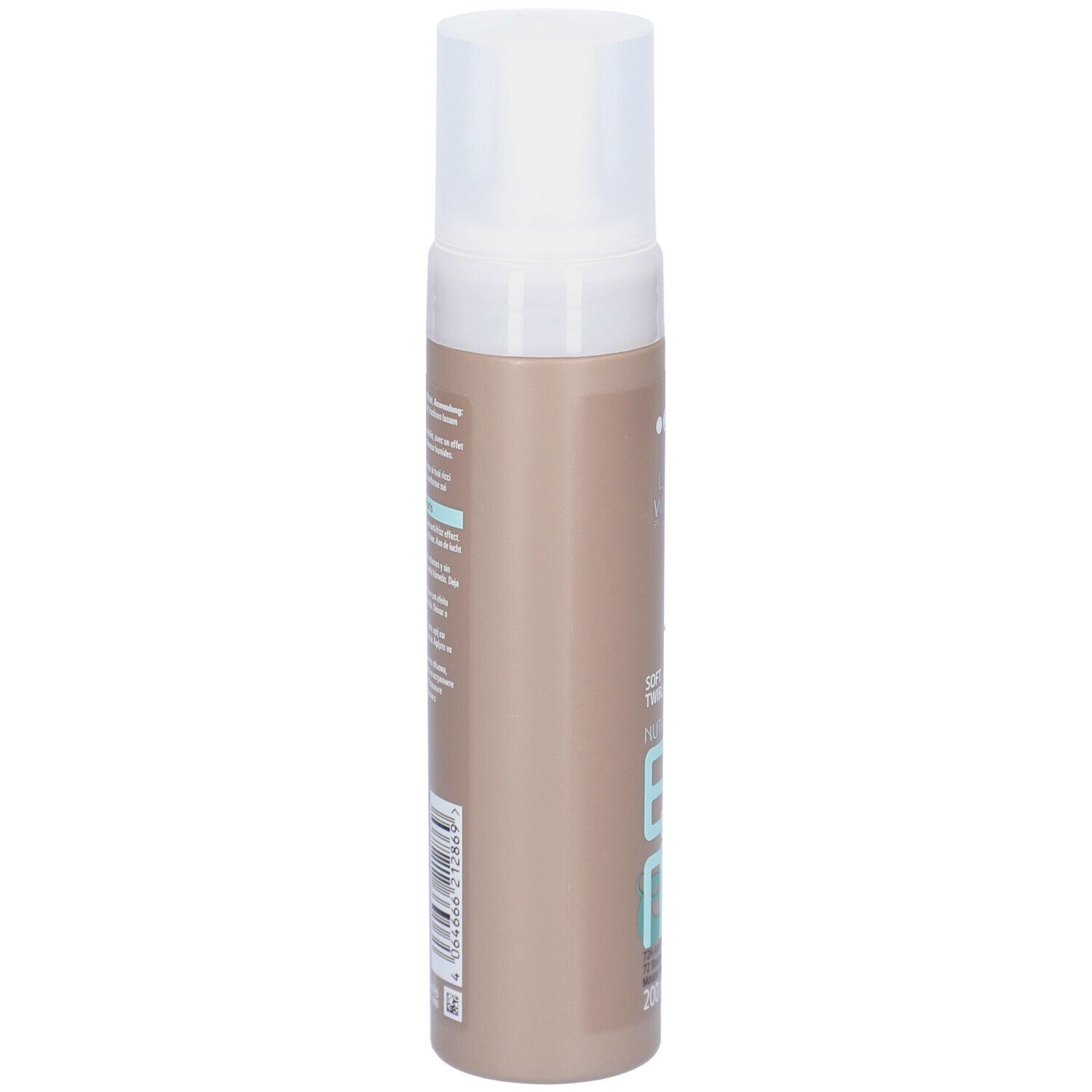 Mousse Wella EIMI Nutricurls Soft Twirl. Flacon marron avec bouchon blanc. Dos avec texte et code-barres.