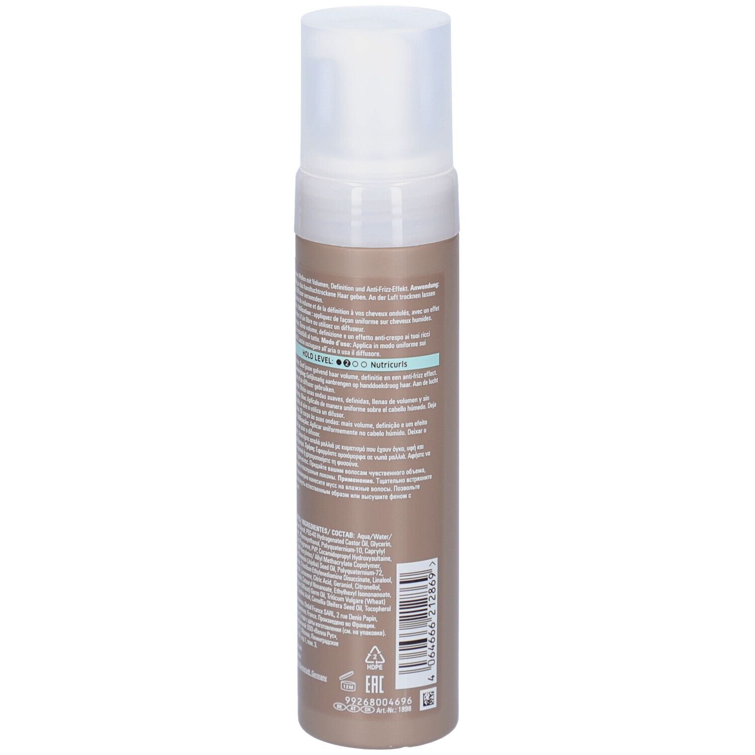 Mousse Wella EIMI Nutricurls Soft Twirl. Flacon marron avec bouchon blanc. Dos avec texte et code-barres.