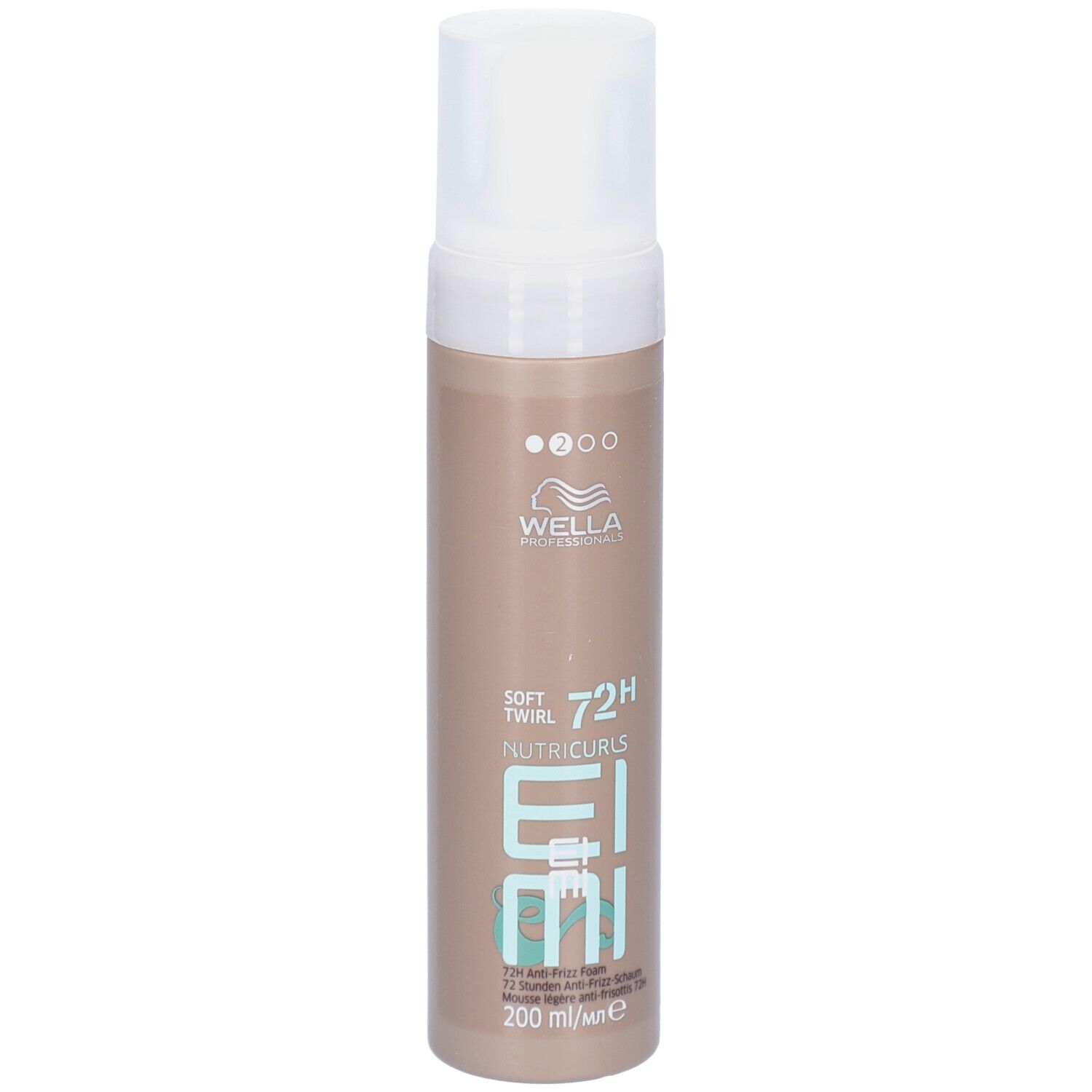 Mousse Wella EIMI Nutricurls Soft Twirl. Flacon marron avec bouchon blanc. Inscription : 72H, Nutricurls, EIMI, 200 ml.
