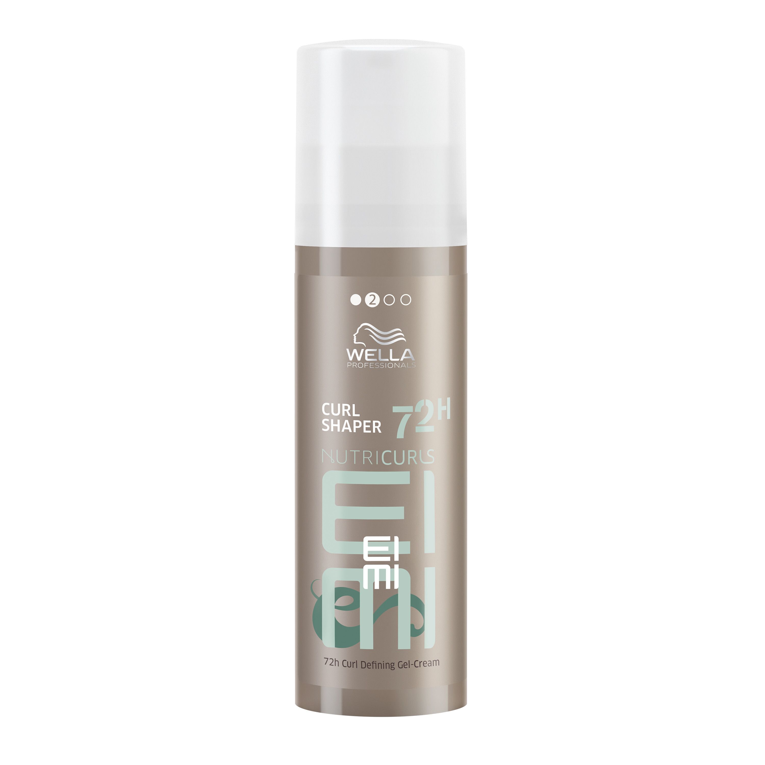 Cilindrische fles met witte dop. Opschrift: Wella Professionals, EIMI Nutricurls, Curl Shaper 72H.