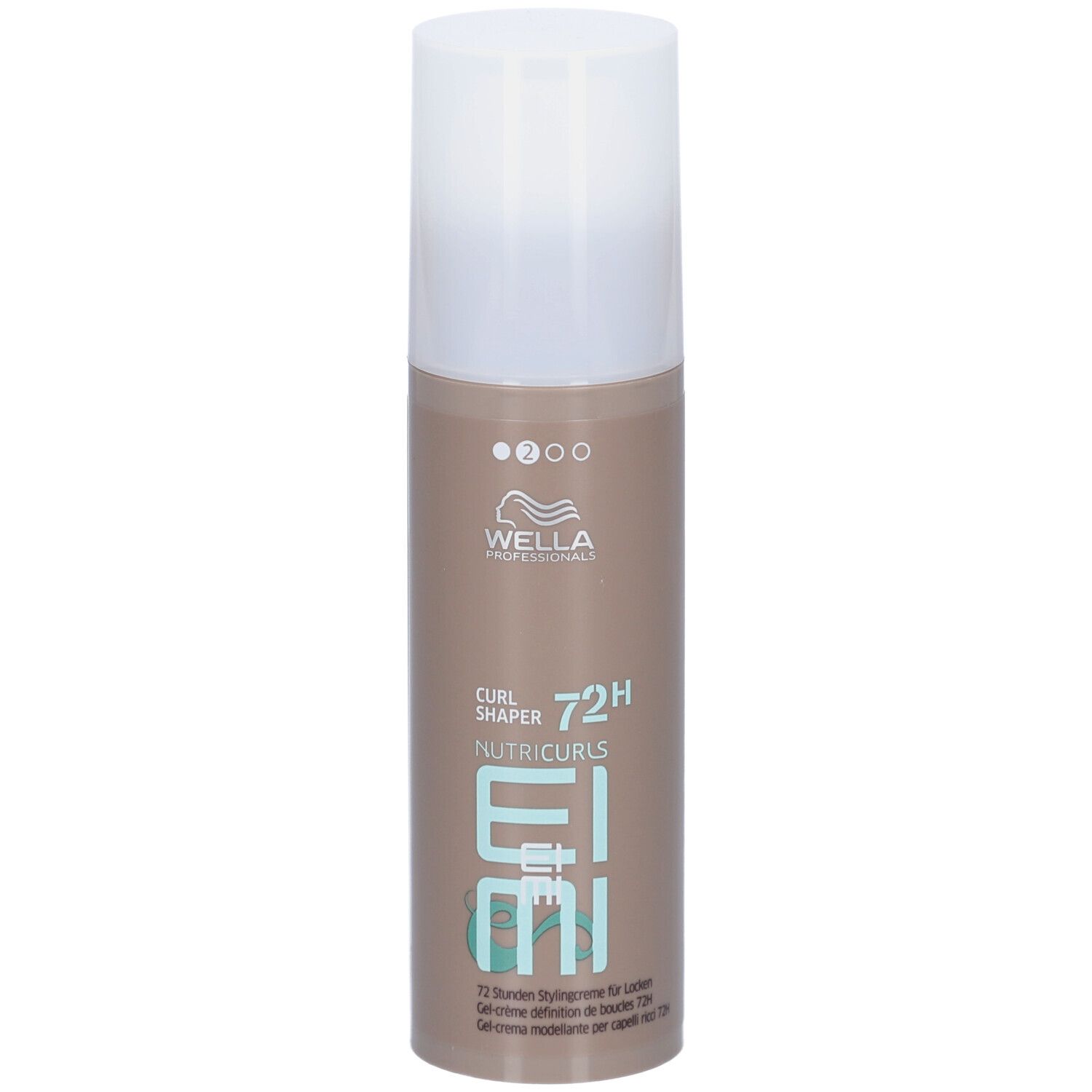 Cilindrische fles met witte dop. Opschrift: Wella Professionals, EIMI Nutricurls, Curl Shaper 72H.