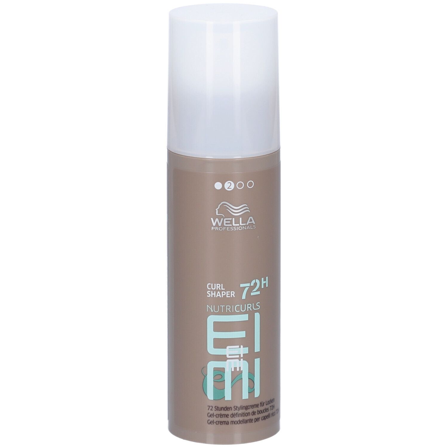 Cilindrische fles met witte dop. Opschrift: Wella Professionals, EIMI Nutricurls, Curl Shaper 72H.