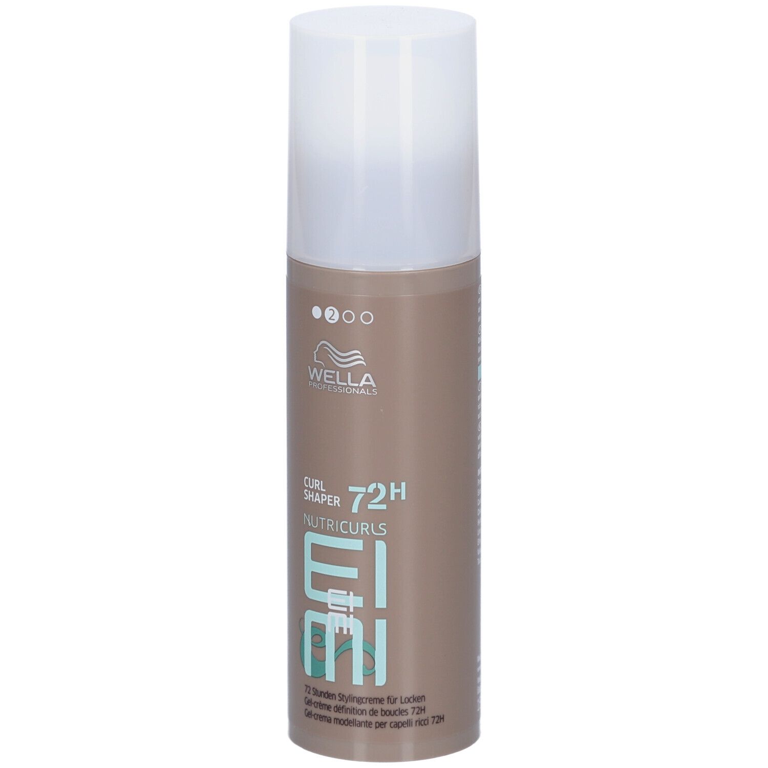 Cilindrische fles met witte dop. Opschrift: Wella Professionals, EIMI Nutricurls, Curl Shaper 72H.