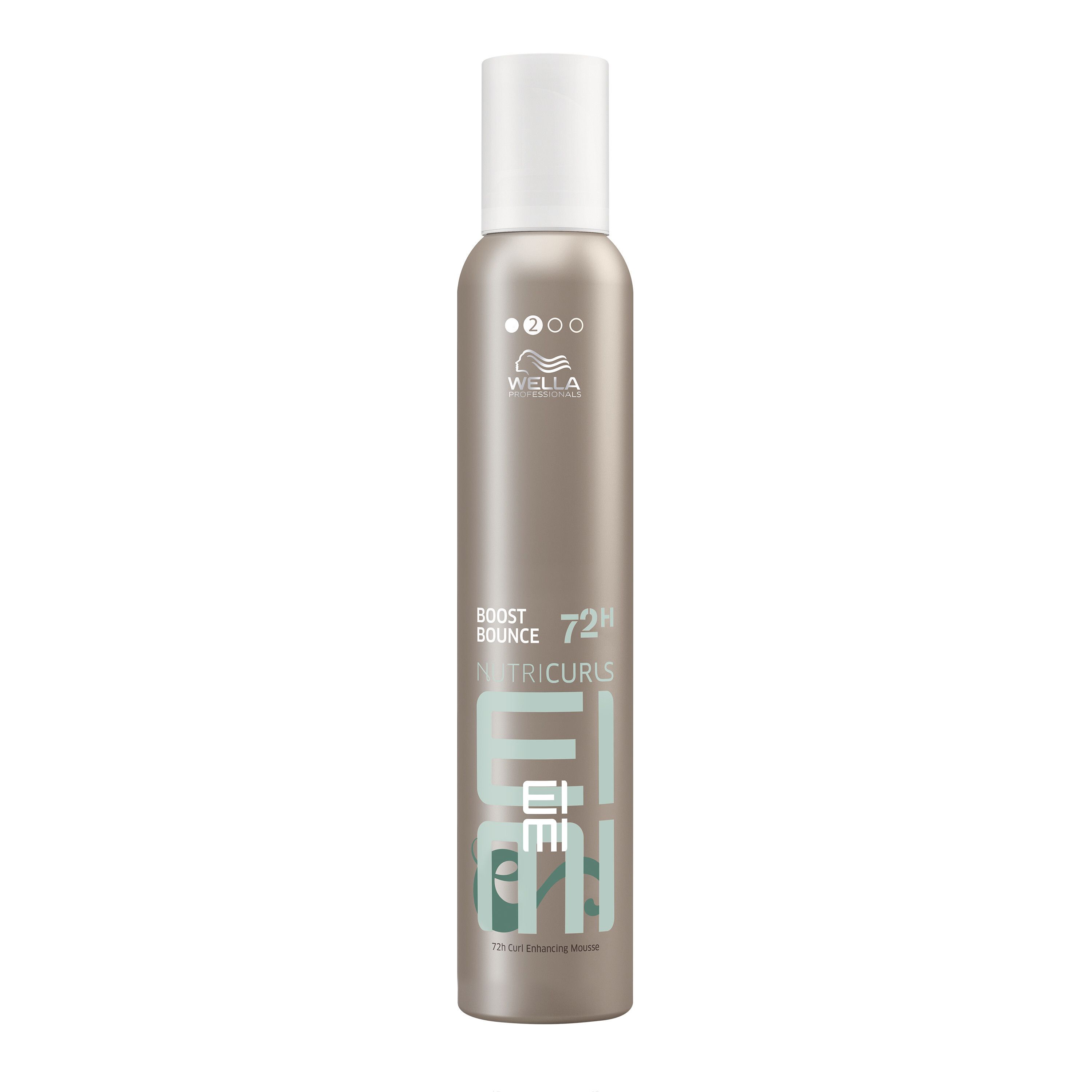 Flacon de mousse capillaire. Marron, bouchon blanc. Texte : Boost Bounce, Nutricurls, EIMI, 72H. 300 ml.